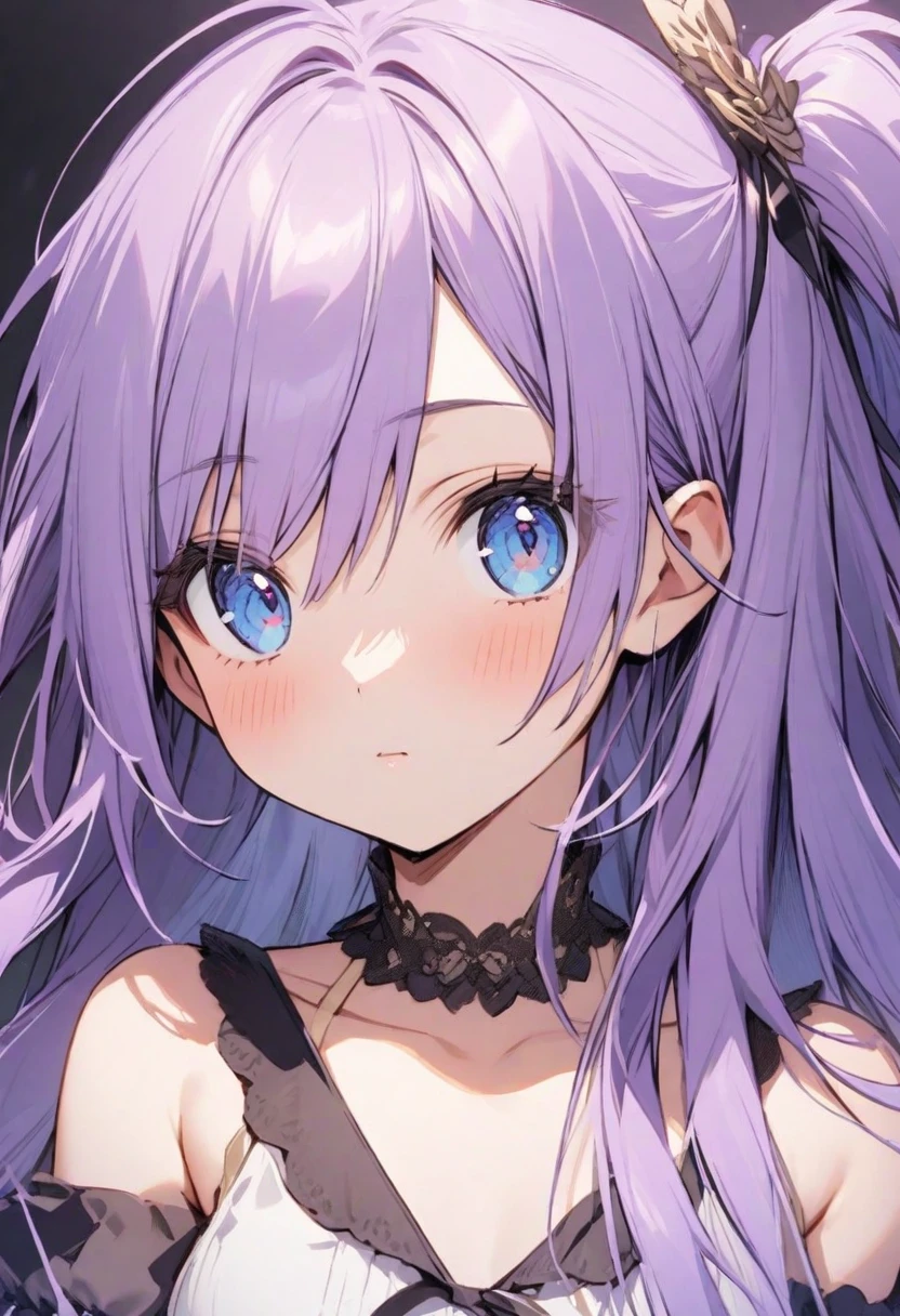 (Highest quality)、(Highest quality)、cute、(choker).eyes are emerald、Her hair is purple、(smile).