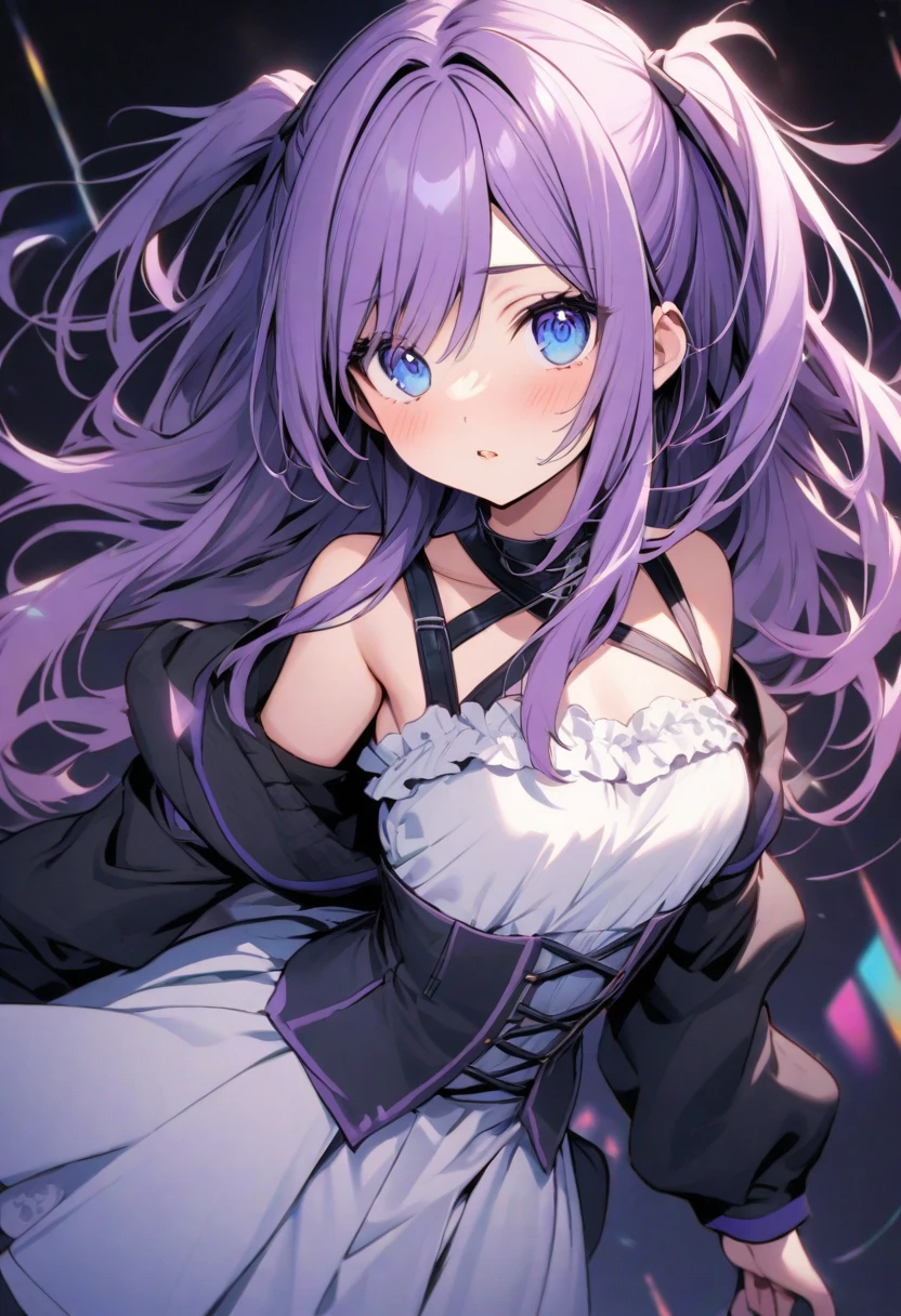 ((frederica bernkastel)) (best quality)), ((masterpiece)), (detailed), perfect face , dark blue hair, blunt bangs, hime cut, long hair, solo, 1girl, purple eyes, expressionless, gothic dress, lying, blue ribbon, spread arms, blank eyes, breasts, nipples