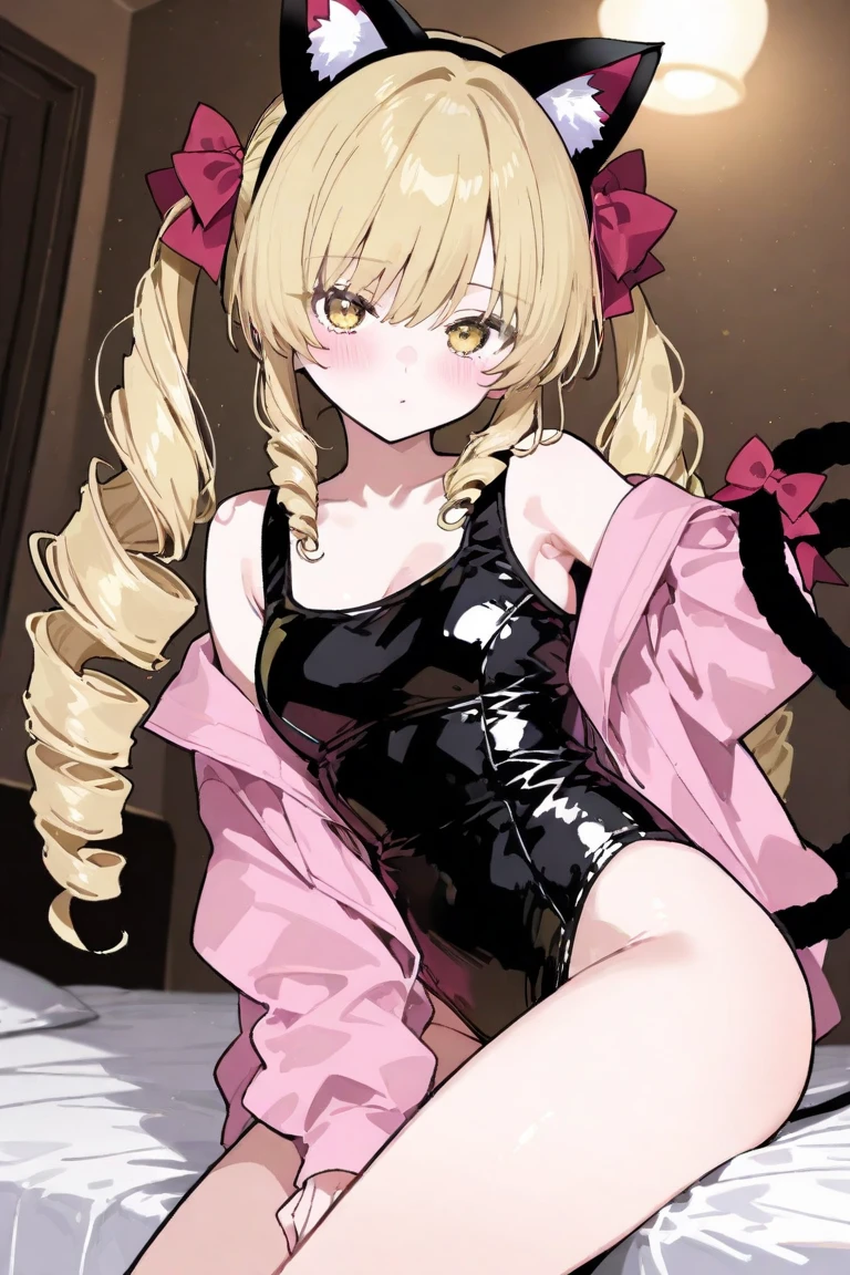 Himiko Toga,(Alone),(A girl alone:1.2),(Solo portrait of himiko toga:1.5),Himiko toga,(boku no hero academia),(short blonde hair with two messy pulps in her hair and yellow eyes with cat pupils),(Wearing),+,Wearing),+,(\A maid uniform with The apron is made of sheer, almost translucent black lace, which barely hides the maid's curvaceous body underneath. The front falls scandalously low, exposing the fullness of her breasts and most of her cleavage. Thin straps hold the apron in place, digging into your shoulders and drawing attention to your toned arms. Her corset is a slinky red number with built-in push-up cups that enhance her already impressive bust size. The corset has a deep V-neckline that disappears into the apron, emphasizing her ample cleavage. Thong-style laces crisscross her back, drawing attention to her narrow waist and the tantalizing hint of her ass. Her miniskirt is made from the same sheer lace as her apron, ending at mid-thigh to give a full view of her toned legs and the red garter belt wrapped around them. The garter belt supports fishnet stockings that ride up mid-thigh, adding a touch of fetish to the overall look. On her feet, she wears stiletto heels with ankle straps, enhancing her seductive and leggy appearance. Her hair is styled in loose, tousled waves, framing her face and drawing attention to her full lips, painted a bold crimson red. To complete the look, she uses a white duster as a prop, using it to tease and caress her own body in suggestive ways. The overall effect is one of unabashed, unapologetic sexuality packaged in a classic maid uniform that has become entirely explicit and provocative.)/,+,(\Facing the front of the fourth wall looking at the fourth wall:1.5)/