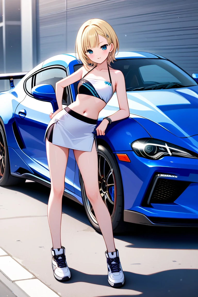 masterpiece,best quality,anime,

girl,standing,ponytail,bikini,blonde hair,

sport car