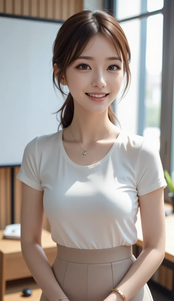 Alafed woman in white t-shirt sits and takes a photo,Wearing a denim skirt、having clothes are worn、woman with porcelain skin, smooth glowing skin, Beautiful young Korean woman, Gorgeous young Korean woman, Young beautiful woman, smiling fashion model face, milky skin, Clear, Vivid and radiant skin, Beautiful young asian woman, Sparkling porcelain skin, smooth porcelain skin, happy fashion model face, photoshoot for skincare brand