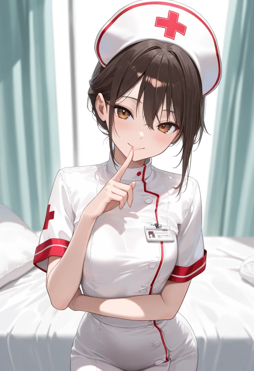 1girl, solo, nurse, nurse cap, white wear, ((white legwear, zettai ryouiki)), white gloves, pink hair, drooping eyes, ((covered nose)), standing, ((hospital room)), sharp outline, short sleeves, best quality, masterpiece,Fleshy,Red eyes,Fleshy,Black hair,happy,lol