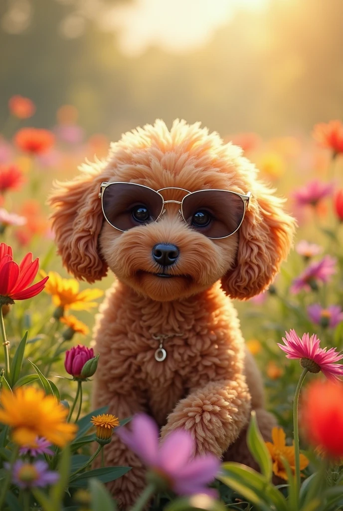 Toy poodle enjoying summer with sunglasses