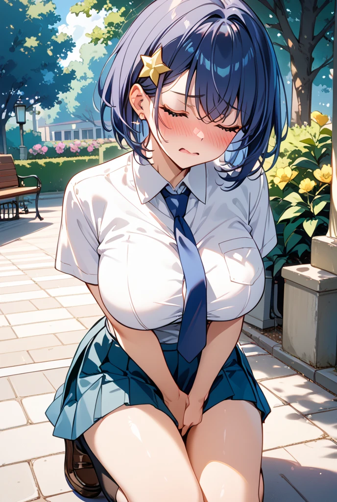 blue eyes, wearing long plain white shirt, high res, ultrasharp, masterpiece, wet shirt, black short hair, pussy, crowd not notice visible to viewer, mysterious smile, secretly having sex in front of others, tiny girl, very close to other people, promenade