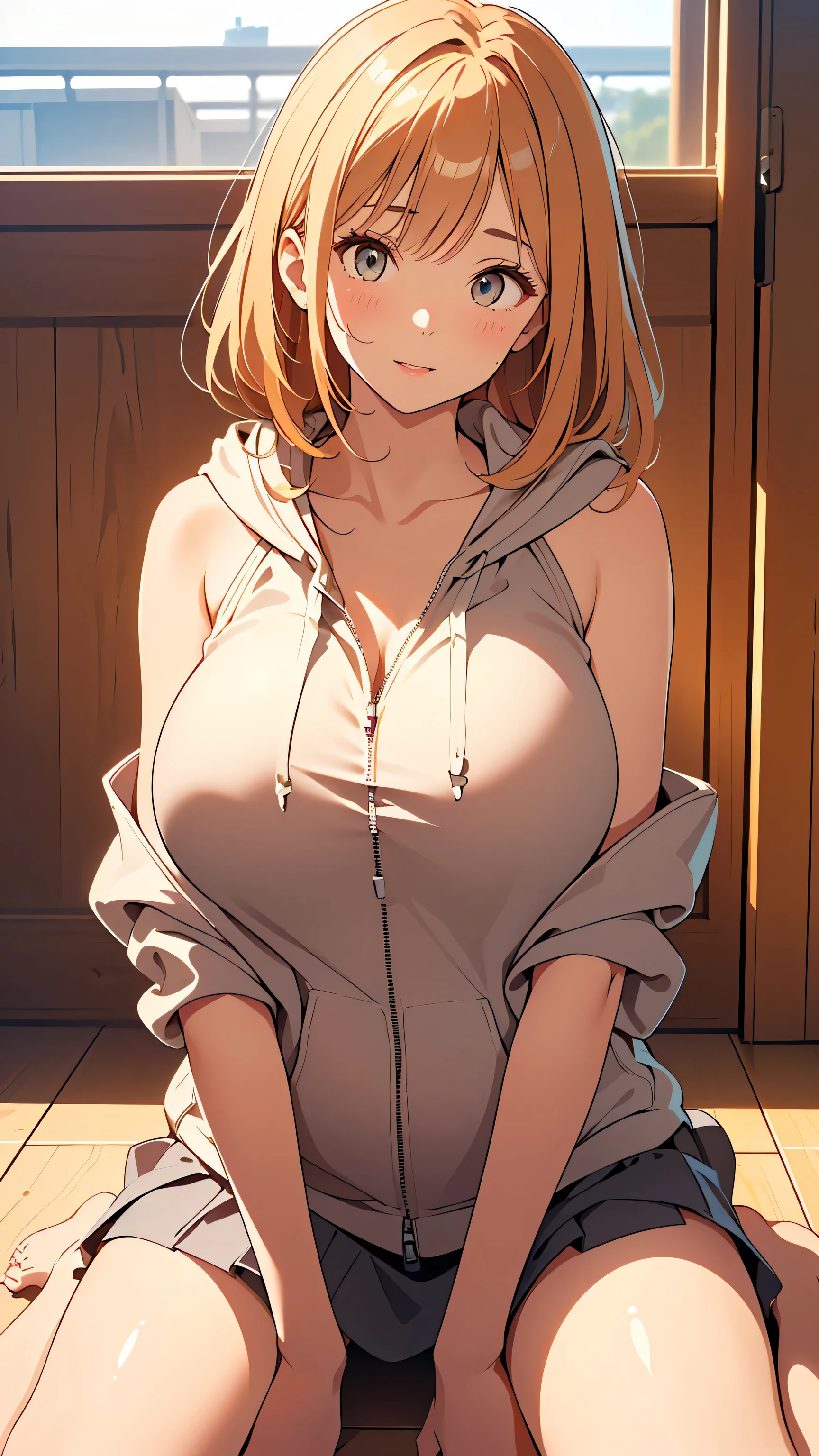 wearing a school outfit,((extremebig tits)),(highest quality、4k、8k、High Resolution、masterpiece:1.2)、Super detailed、(Photorealistic:1.37)、Portrait、Sharp Focus、feminine、delicate、White skin、female curves、Gentle expression、Soft lighting、Bright colors、Artistic atmosphere, shy expression, showing  tits, in school, big pointy nipples, close-up on face and tits, waist-up-portrait, short blond curly hair, orange eyes, cute face, 