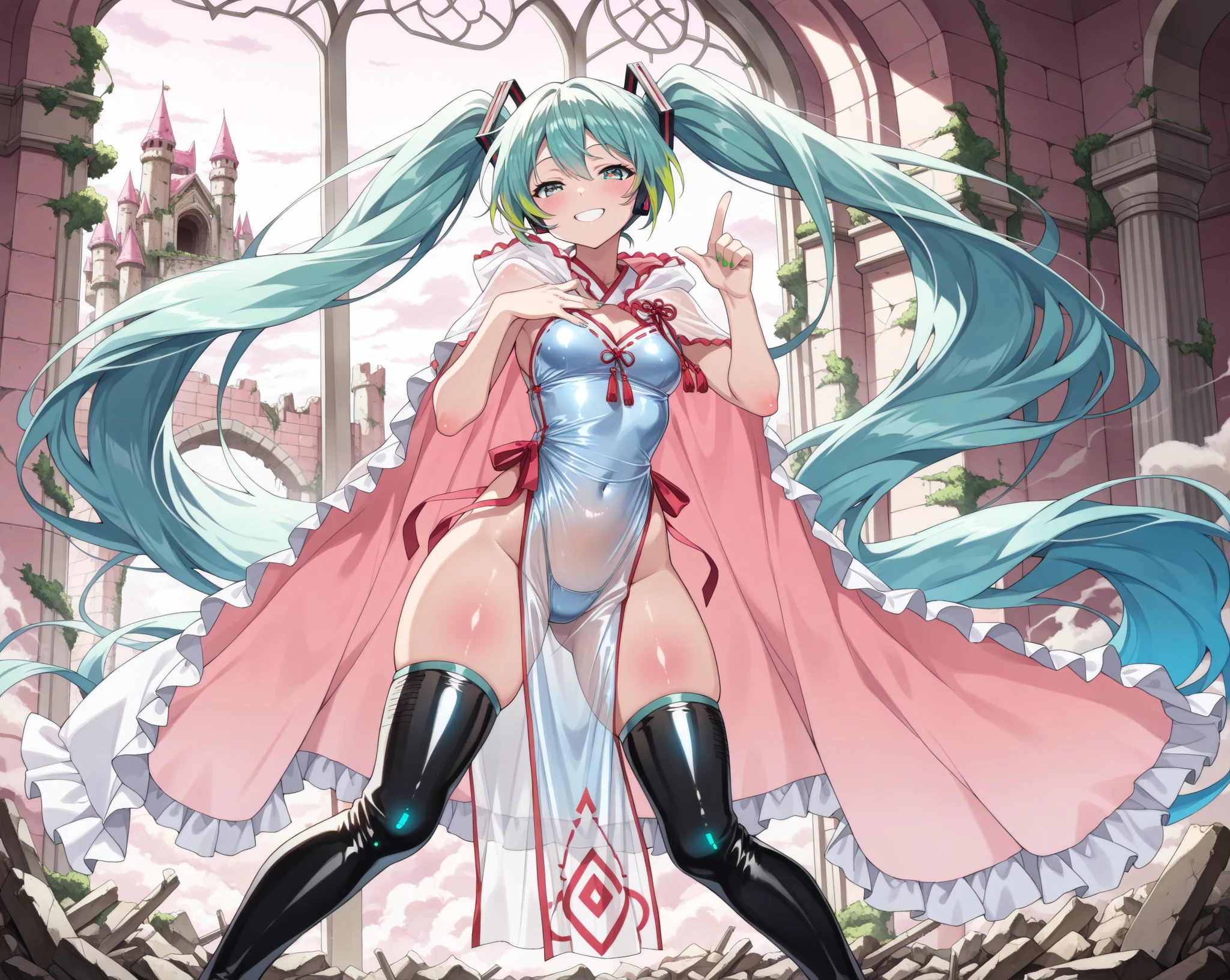 1 girl、Silver Hair、Pale skin、Long Hair、Red flower hair ornament、Emerald green eyes、、、High resolution、highest quality、Anime Moe Art Style、Cowboy Shot、Skirt Lift、Self Lift、panties、、Panty shot、Rear view、Outdoor、stomach