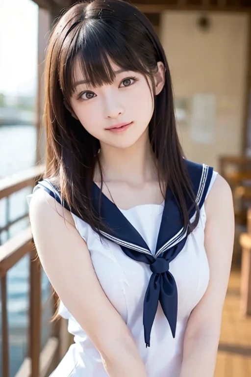 masutepiece, Best Quality, 8K, 10yaers old, Teen, Raw photo, absurderes, award winning portrait, Smile, Solo, Idol face, Delicate girl, Upper body, Digital SLR, Looking at Viewer, Candid, Sophisticated, Thin arms, Professional Lighting, Film grain, chromatic abberation, (Eyes and faces with detailed:1.0), (Bokeh:1.1) , huge-breasted , Distant perspective , bed , laying on back , Perspective from above , closes mouth , Sailor Uniform , A dark-haired , dishevled hair