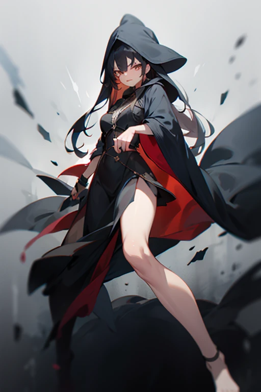 view straight standing in full growth beautiful drawn face young beautiful elf vampire ash hair red eyes serious facial expression black open top on the chest black red shorts without shoes cutout on the chest breasts of the second size in excellent quality black half-cloak