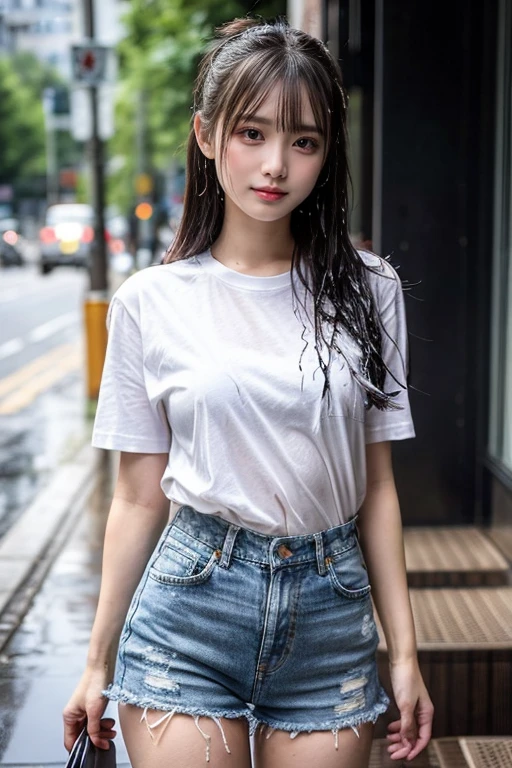 full body photo, A detailed face, Clear face, Beautiful Girl, (Looking here), perfection female form, perfection face, Glossy pink lips, Expressive eyes, eye shadow, eyeliner, light brown colored hair, ((ponytail:1.2)), (Glasses:1.3), ((very thin waist)), ((Big breasts about to burst:1.3)), Thigh, , belly button, (Sexy look:1.4), White shirt, White T-shirt, ((Short shirt)), ((Wet shirt:1.5)), ((Transparent nipples)), (erection of nipple), ((silky long hair)), ((tall), ((wet body)), ((Shiny skin)), ((Wet skin:1.2)), ((Attractive eyes)), ((sharp eyes)), ((slim body)), ((High-precision shades)), ((sky blue)), tight, Low, length jeans, Light shadows, parted lips, beach, nsfw