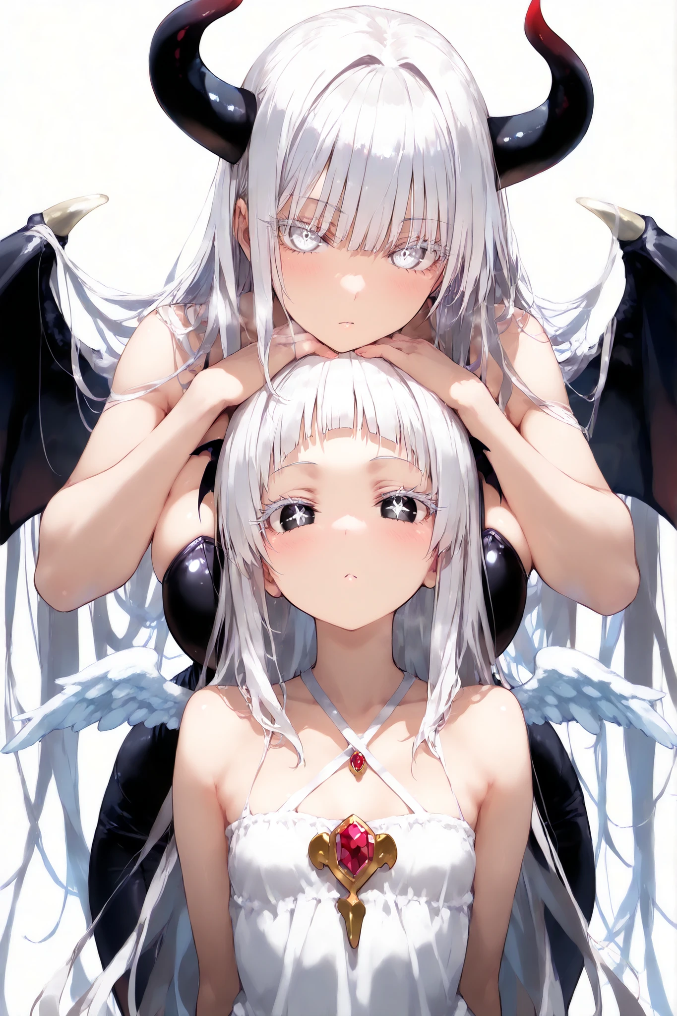 (((masterpiece))), (((best quality))), (((super detailed))), (((dynamic))), simple background, white background, mamami style, look at viewer, angel and devil,  2girls, small height, slender, a little small breast, beautiful body, like transparent, pretty, cute, attractive, cool, no expression, inorganic, bold, like a doll, mysterious, beautiful, monotone, white hair, very long hair, long bangs, neat bangs, long white eyelashes, jewel eyes, white eyes, beautiful eyes
