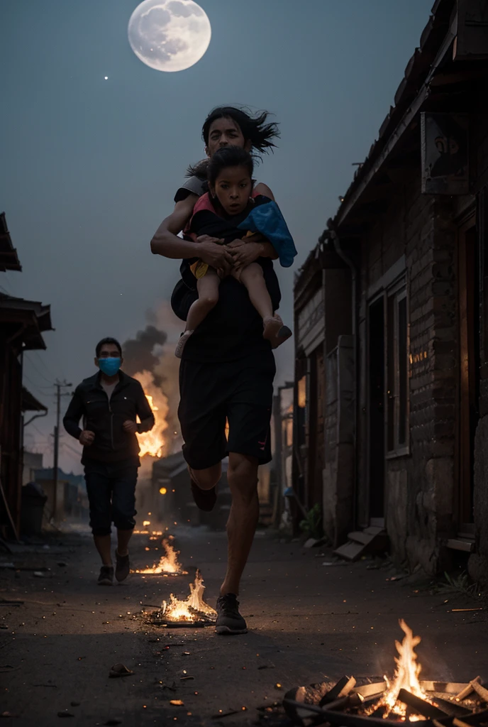 Girl lifting up a young man who was on the ground With a background Of destruction and water With normal clothes