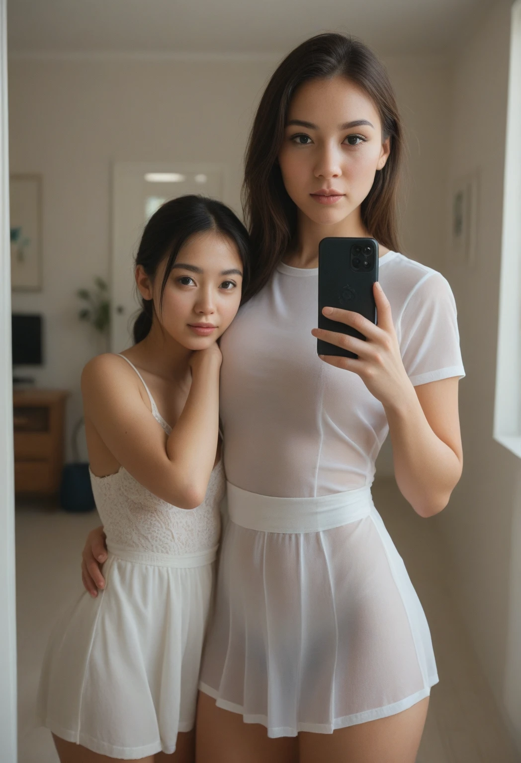 (Top Quality, 8K, Masterpiece: 1.3)), 3 young girls and friends. multiple young girls. young teen. 15 years old, portrait photography, high contrast, divine perspective, aperture F1.2, focal length 24mm, (full body: 1.2), smile, photo pose, fine lace, slip dress, cut dress, brand dress, cut, long black hair, hair tying, ultra detailed skin details, Detailed fabric texture, wet hair and dress. white panties. panty. see through. transparent. inside office room. sports shoes. simple small bandana. asian look