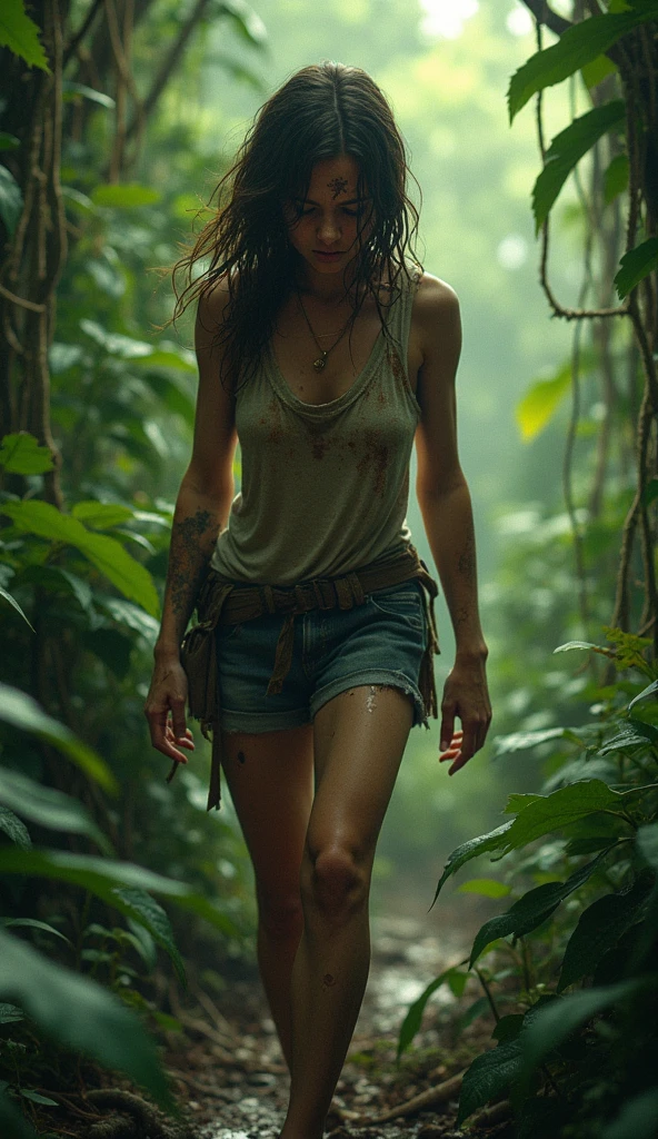 a young woman in a lush jungle, Emma Myers, beautiful detailed eyes, beautiful detailed lips, extremely detailed face, long eyelashes, adventurous expression, dirty torn clothes, covered in mud, holding a large knife, vines and foliage surrounding, vibrant colors, natural lighting, photorealistic, cinematic composition, award winning digital art