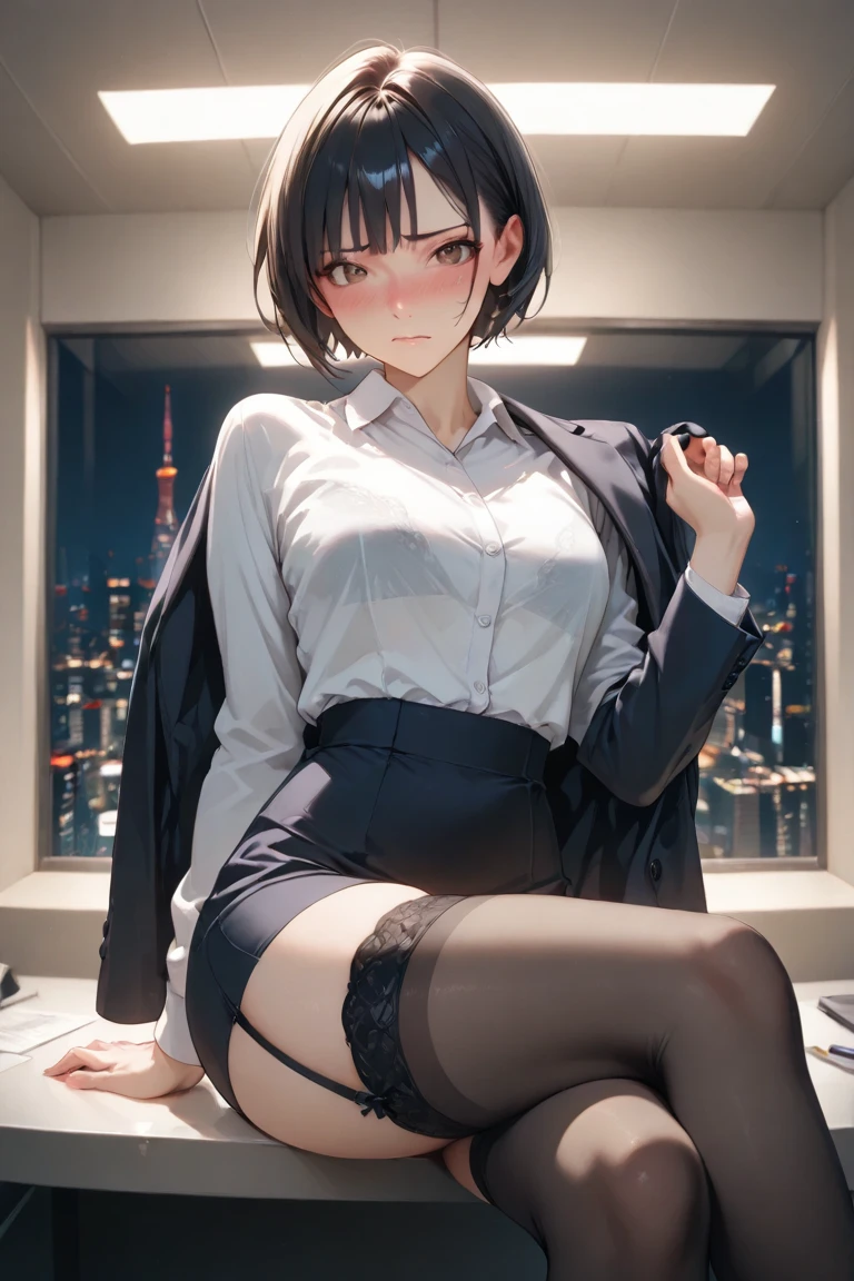 masterpiece, best quality, wallpaper, 1girl, purple short hair, black hair, sky blue eyes, hair accessories, cute, innocent, off-shoulder sweater, , brown tight skirt, 35 years old female, innocent, safe for work, wholesome, city streets, night, fashion, mature face, mature body, slender body, slender legs, medium breast, sitting pose, front view, embarrassed face, front view, low angle, black pantyhose, off-shoulder sweater, glasses, perfect hands, panty visible, sitting, underwear visible, lifting skirt up, wearing choker, moe,