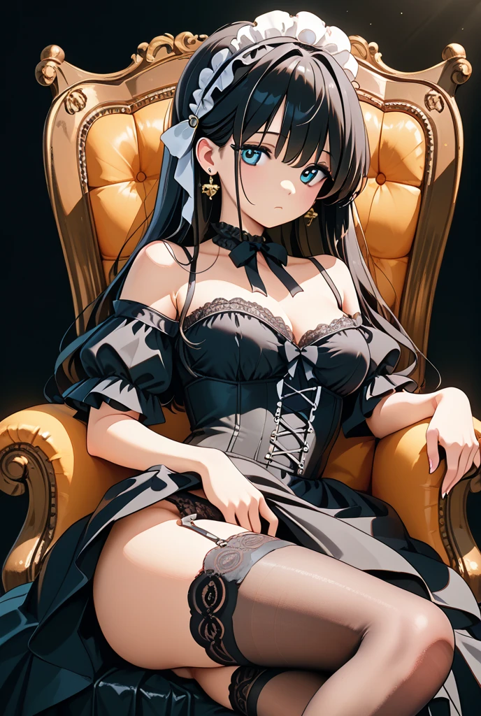 ((Biologically correct limb count))、(( From head to toe、Full-body photo including face))、4K、((Standing position))、masterpiece、((Focus on the face))、((Symmetrical facial features))、Eyes with detailed description、Beautiful woman、Great style、Beautiful arms、Beautiful legs、Beautiful Hands、(Small Ass、Thin thighs)、Facial detailing、Small earrings、necklace、(See-through gothic dresses、((High heels、Black Stockings)))、Black Hair、((He is sitting in a chair, holding the letter to his chest and looking up.))、Close-up photo of the upper body