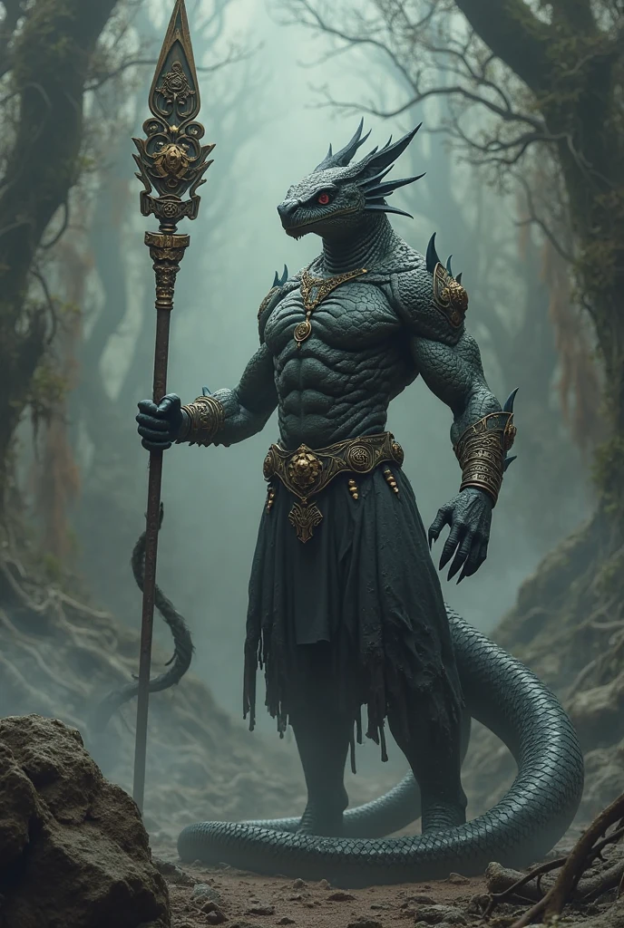 A draconian warrior looking at the horizon holding the head of a demon in Dark Fantasy style