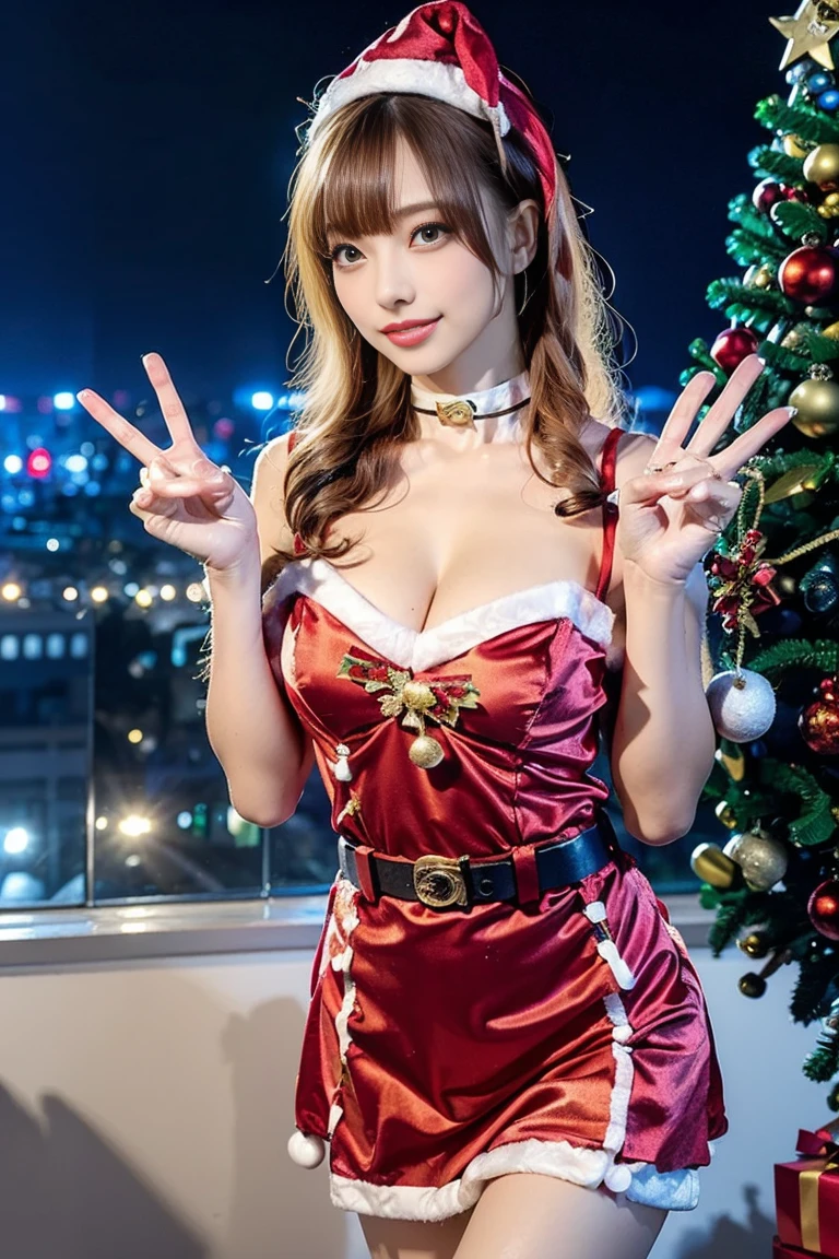 1girl in ,((santa costume)),tits out, wide open cleavage,(( Character Play)),((Street)) , natta、 (Blonde shortcuts),((looking to camera)), High resolution,Highly detailed, looking to camera,appearance々Posing, Angle from behind