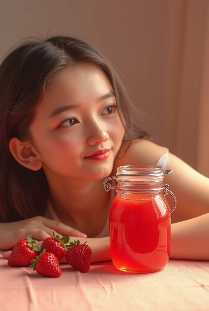 Artistic atmosphere,Art Photography,elegant,A glass of strawberry juice on the table,Very tempting,Green Leaf,HD Photography,The background is a wall,Solid color background,Clean background,Background blur,Artistic sense,Depth of Field,Ultra-clear,Close Range,Dim light。