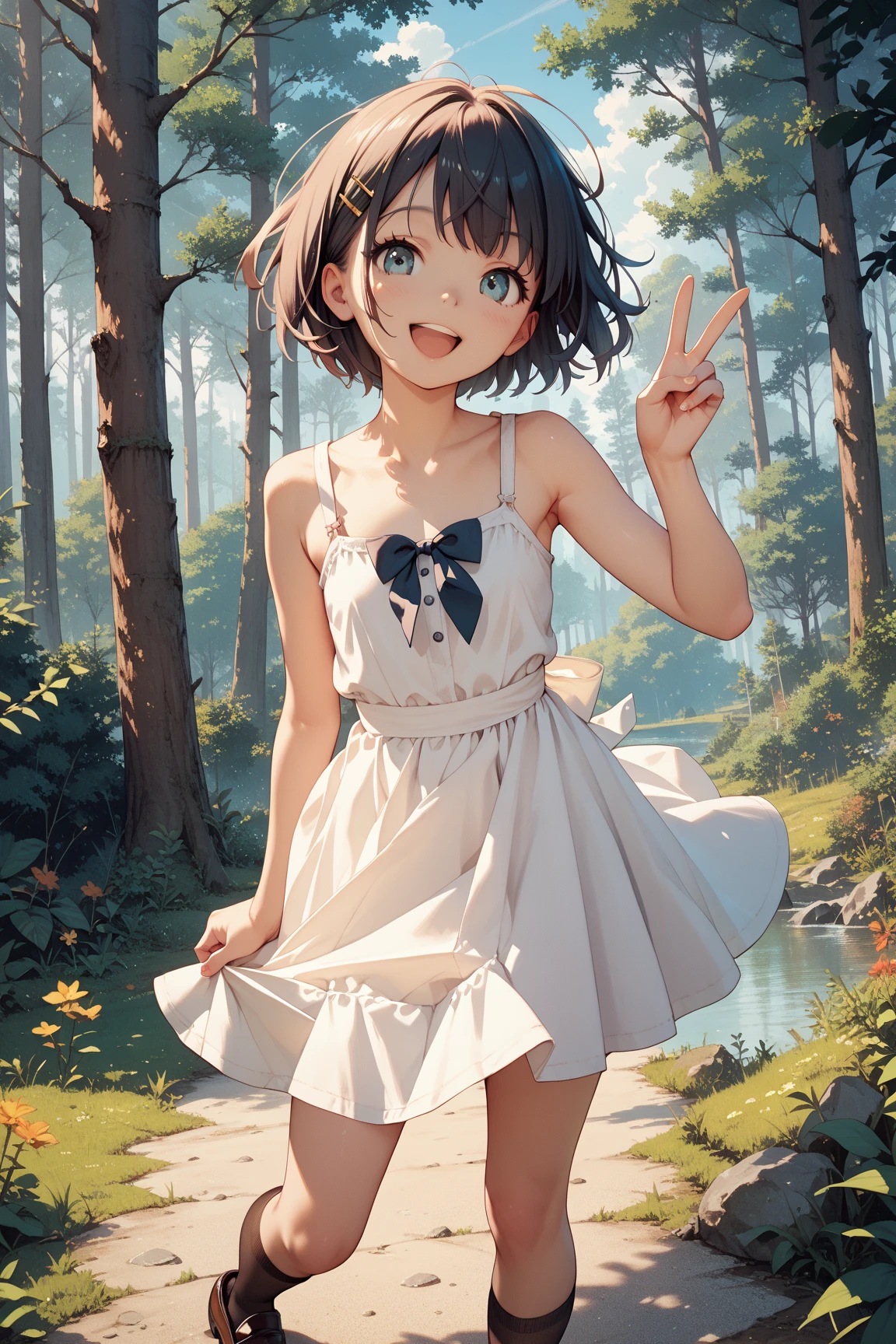beautiful girl, ((small), showing face, protruding tongue, short hair, brown, 8k, professional photography, delicate, clear, in the forest, sun, light leakage, masterpiece, (beautiful), (reality), smile, fantastic, angel