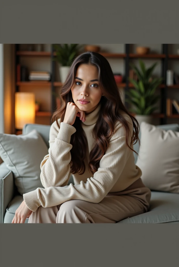 gorgeous young colombian woman, in her living room, on a sofa, wearing a jupe en coton and sweatshirt, full body, beautiful face, masterpiece, best quality, ultra-detailed, solo, shadows, contrast, cinematic light, side lighting, ultra high resolution, best shadow, RAW, 4K, 85 mm, poca profundidad de campo, Kodak Vision Color, extrem adamente detallado, Cinematographer_\(ultra\), photoreallistic, Realstic, Postproceso, Maximum details, asper eza, vida real, ultra realista, fotorrealisimo, Cinematographer,8K UHD, Cinematographer