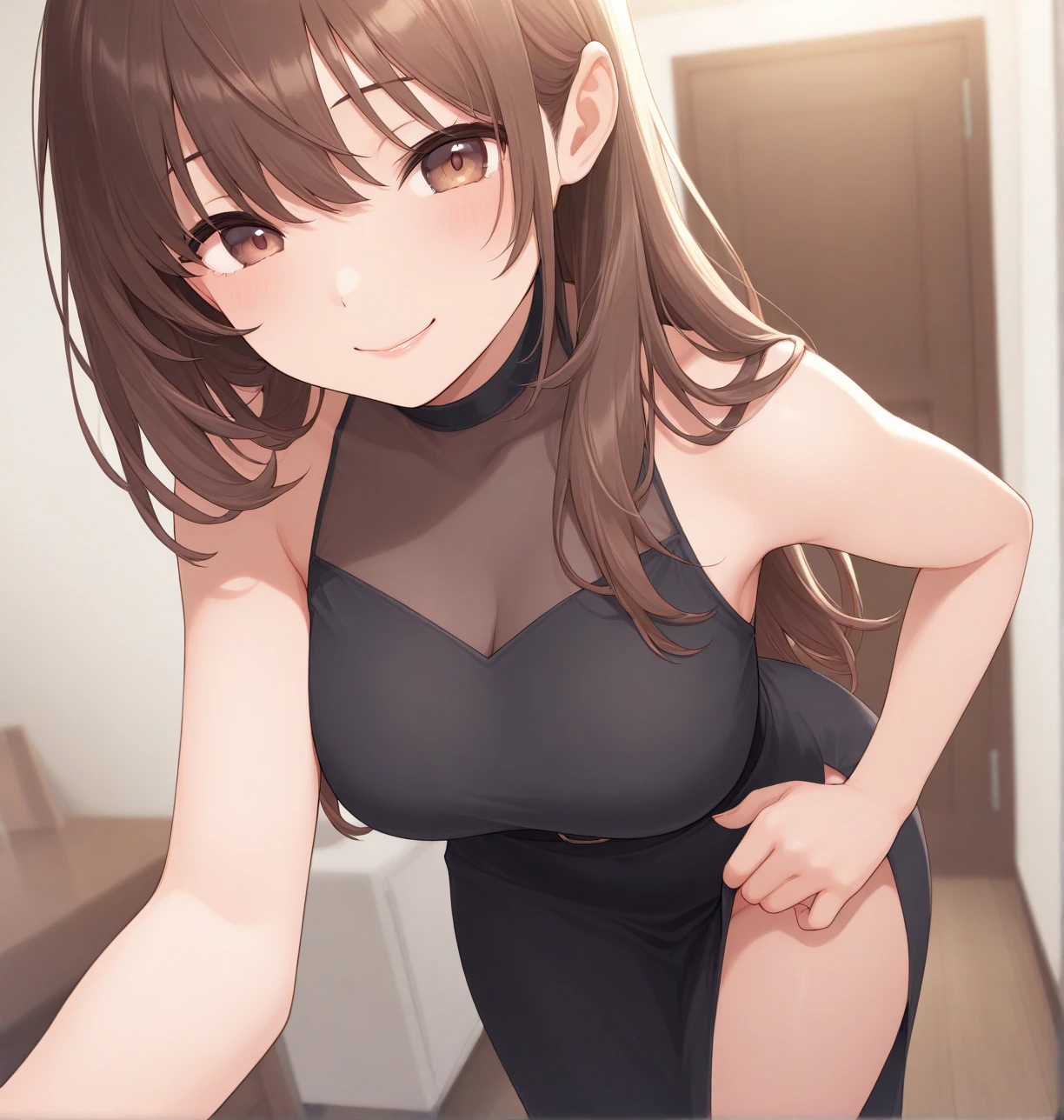 master-piece, bestquality, 1girls,, View viewers from front, HD, slight smile, big tits, cleavage, tights cloth, , tiny body, under tits cleavage, look down, sweater, stand up, kunikida hanamaru, paizuri invitation, in jacuzzi,