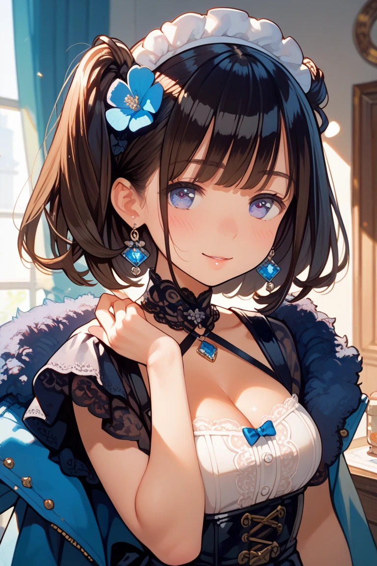(Biologically correct limb count)、Full body, including face、4K、masterpiece、Focus on the face、Well-proportioned facial features、Delicate descriptive eyes、One beautiful woman、Excellent style、(Blue Gothic Lolita)、(Grin)、look up、Photos with white borders、Looking into the camera、Park lawn、