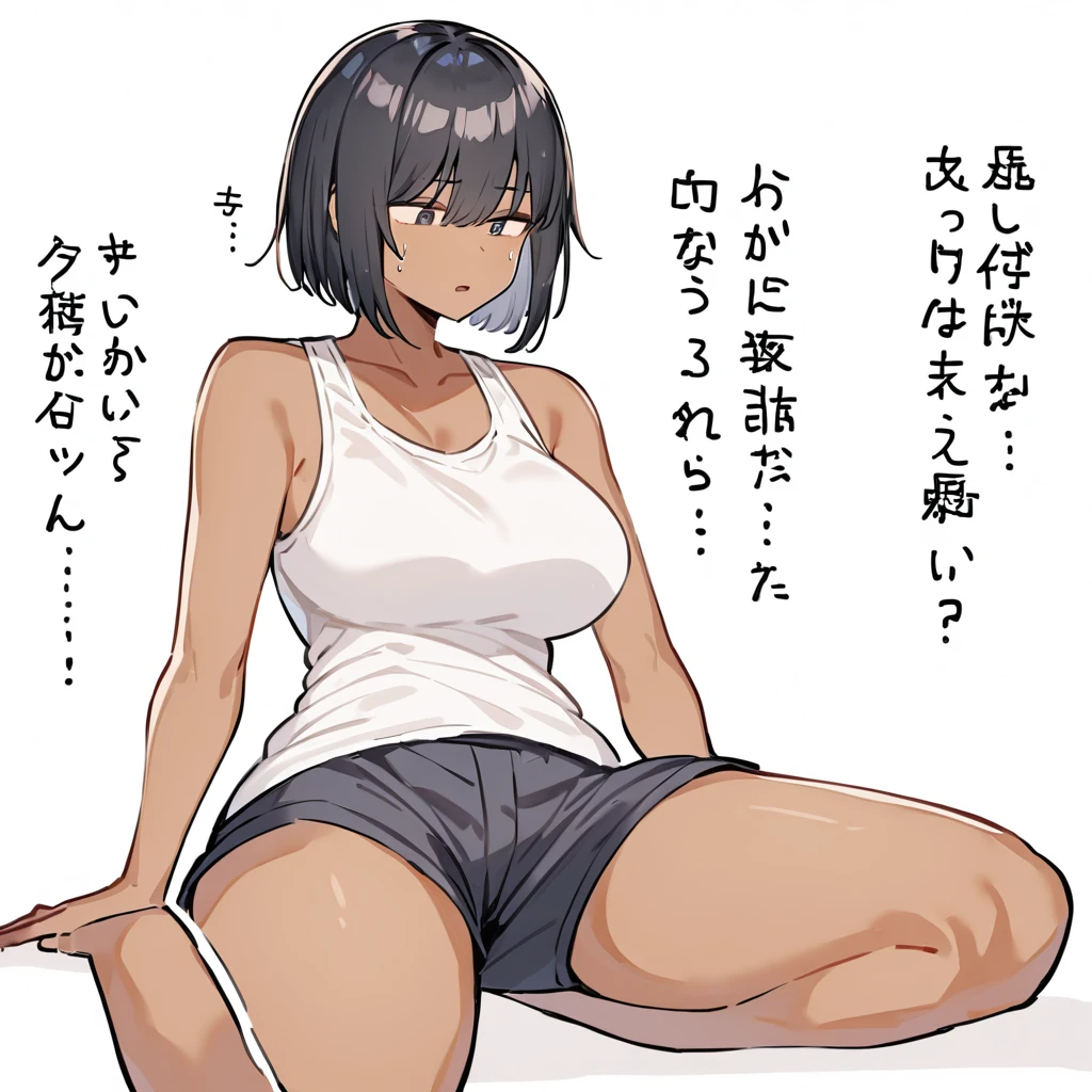 Cute Japanese high school girl with short cut black hair, on all fours, hands and knees on fightihg ring, pained expression, one eye closed, mouth wide open, out of breath, drooling, very sweaty, out of stamina, slender body, poor breasts, small breasted sports bra, high leg shorts, open finger gloves
