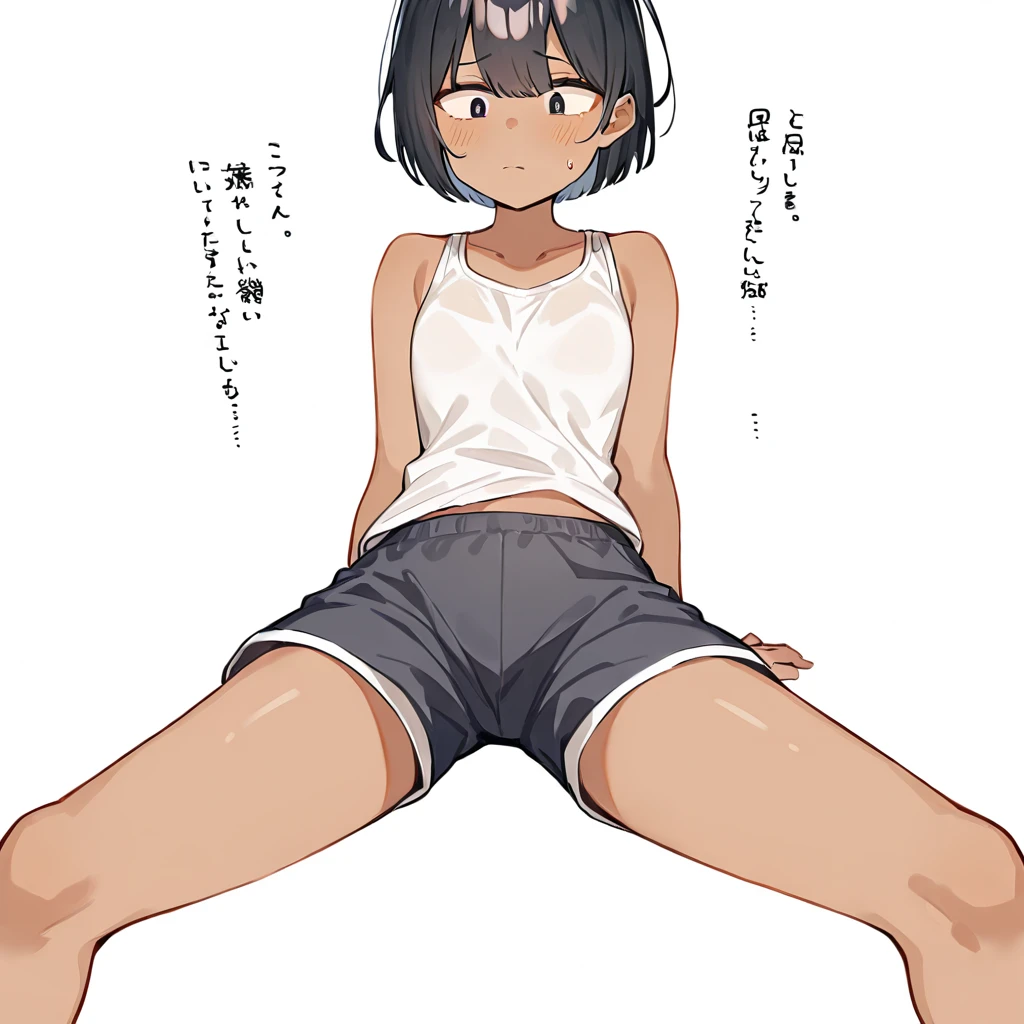 Residential Street,smile,Squat,1 ,ponytail,Black Hair,blush,Navy school swimsuit,barefoot,White skin,summer,From below,shy,Sweat,shy,Crossdresser