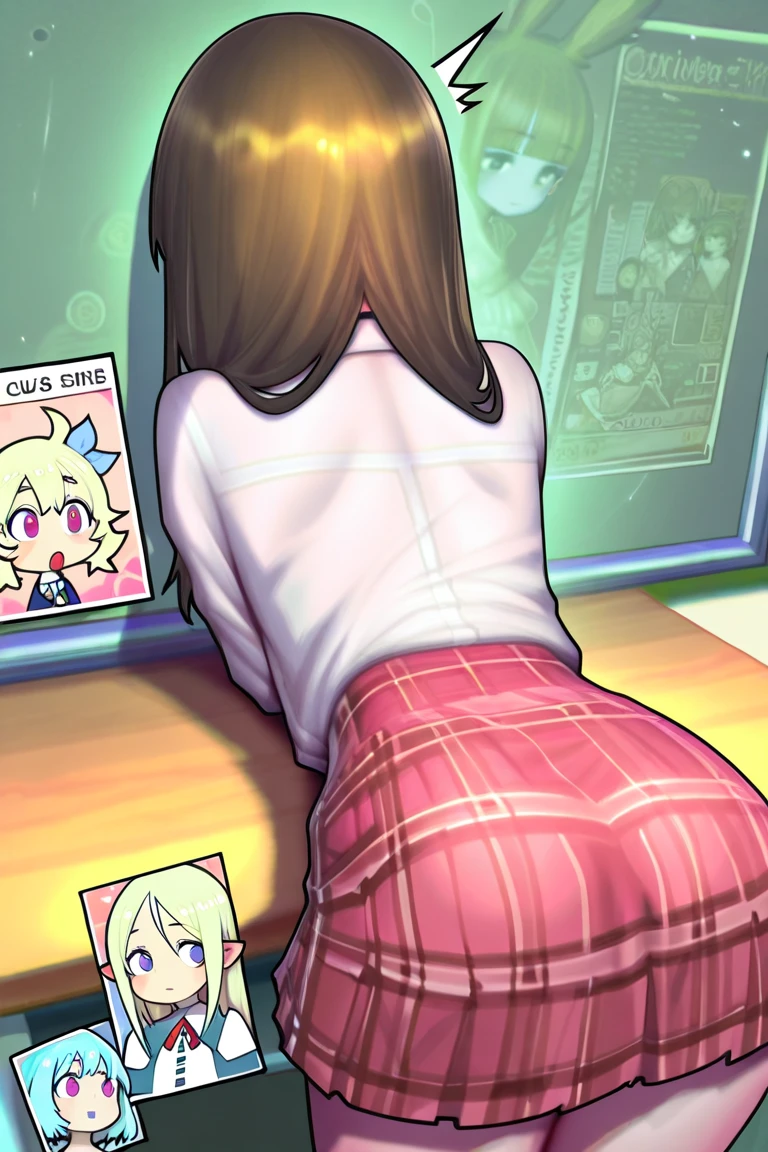 (((pixel art, stylized game character, fewer wrinkles, simplified contours))), (a woman masturbating on the vertical edge of the table with stretch her legs straight), slut, (blush), dark brown pupil, open mouth, ((drooping eyes, blush)), ((sleepy)), (angle from back below), panties, tiny earrings, thigh high stockings,