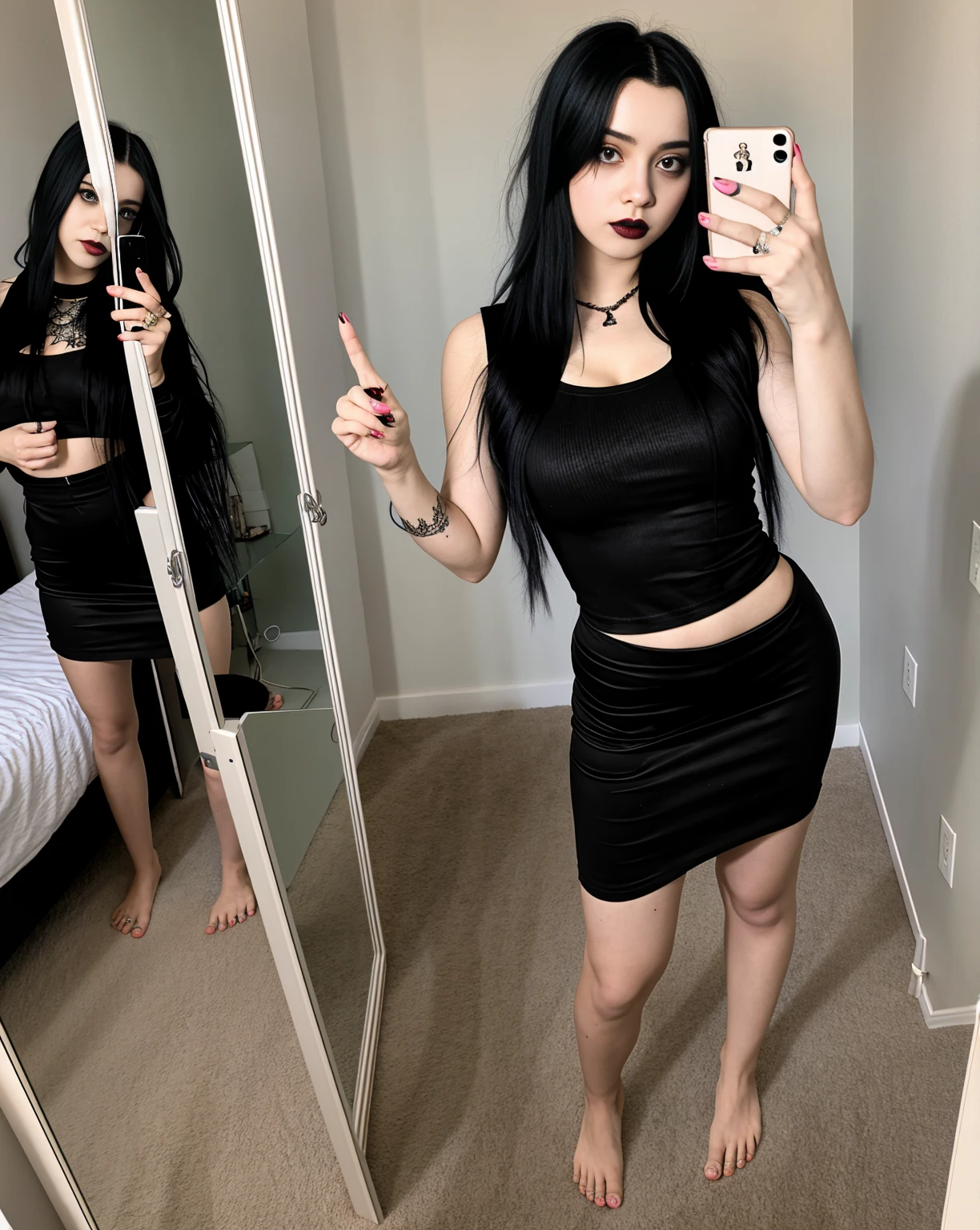 On a hot day, russian, fullbody,30 years old, long bLack wavy pontial hair, black lipstick, very large bust, posing long from Front in the photo, wearing, sleeveless and very open black bustier, black leather skirt, tennis, she is in na in front of a mirror all, fullbody