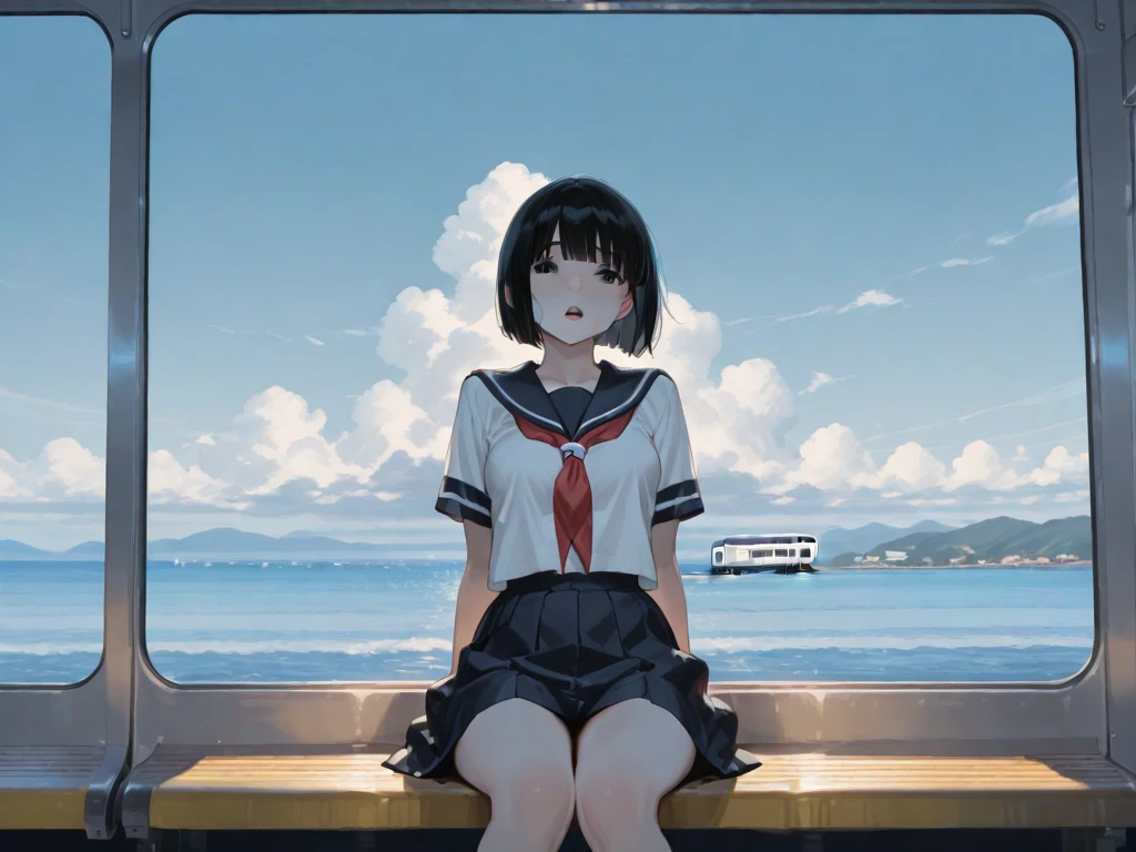 Masterpiece, Top quality, Earrings, Sailor suit, Black hair, Small breasts, Girl, Upper body, Hot, Sweating, Sitting, Ponytail, Looking at camera, Sea, Summer, Facing forward, Spreading legs, Angry, Showing crotch, Wearing glasses