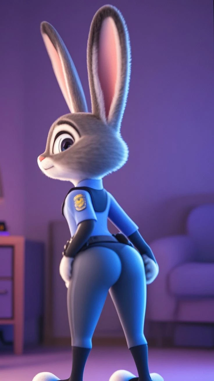 [Judy hopps], [zootopia], ((HD)), ((high res)), ((solo portrait)), ((feet visible)), ((furry; anthro)), ((masterpiece)), ((movie accurate)), ((detailed fur)), {anthro; (slim figure), black nose, cute purple eyes, (long eyelashes), (fluffy tail),(big bunny ears), (sharp black nails), (curvy hips), (big butt), (pink pussy), (beautiful legs), (beautiful feet), (blushing), (cute excited grin)}, {(no shirt), (no panties), (pants down), (detailed butt hole), (gaping),(big anal gape), (pink butt hole)}, { (squatting), (back shot)}, [background; (dark alley)]
