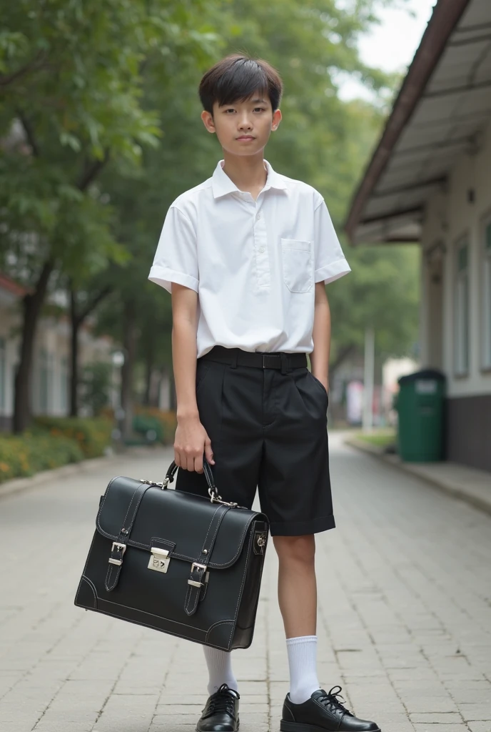 illustration, aluno de 9 anos indo para escola, black pant, camisa branca, Grey footwear, mochila azul nas costas, garoto alegre, garoto sorrindo