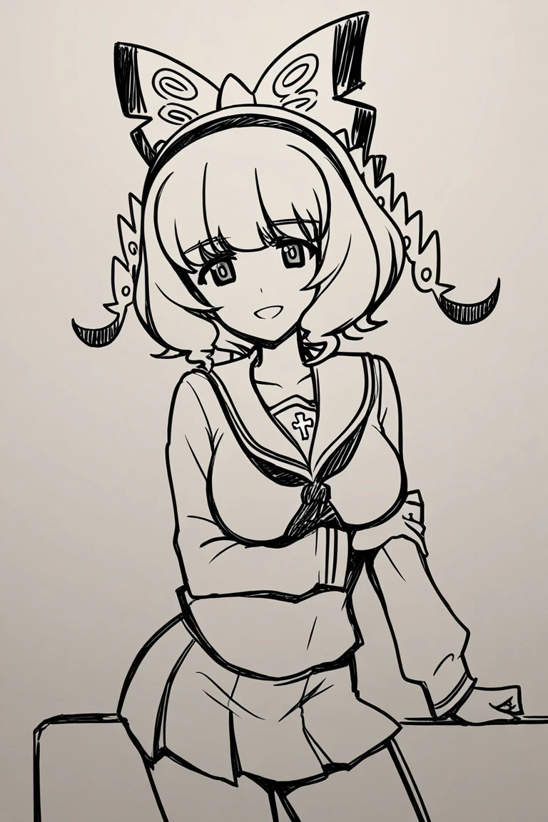 A simple black and white coloring page featuring a pin-up girl tattoo style, The illustration has thick black outlines, clear crisp lines, and minimalistic details to make it easy for kids to color. No background details are included,
