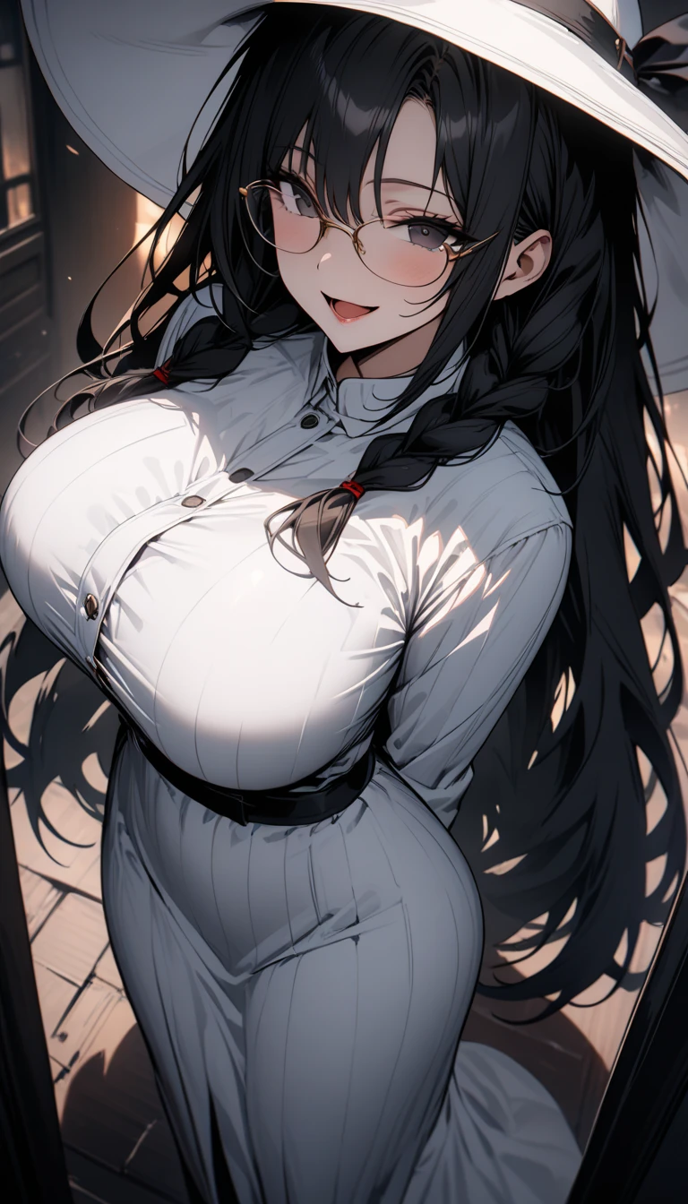 Yamamura Sadako has long hair, red eyes, hair covering her eyes, red face, white clothes, smile, big breasts breast enlargement, full-body shot at home, looking into the camera, perfect illustration, ultra-detailed, HDR, vibrant colors, soft lighting official art
