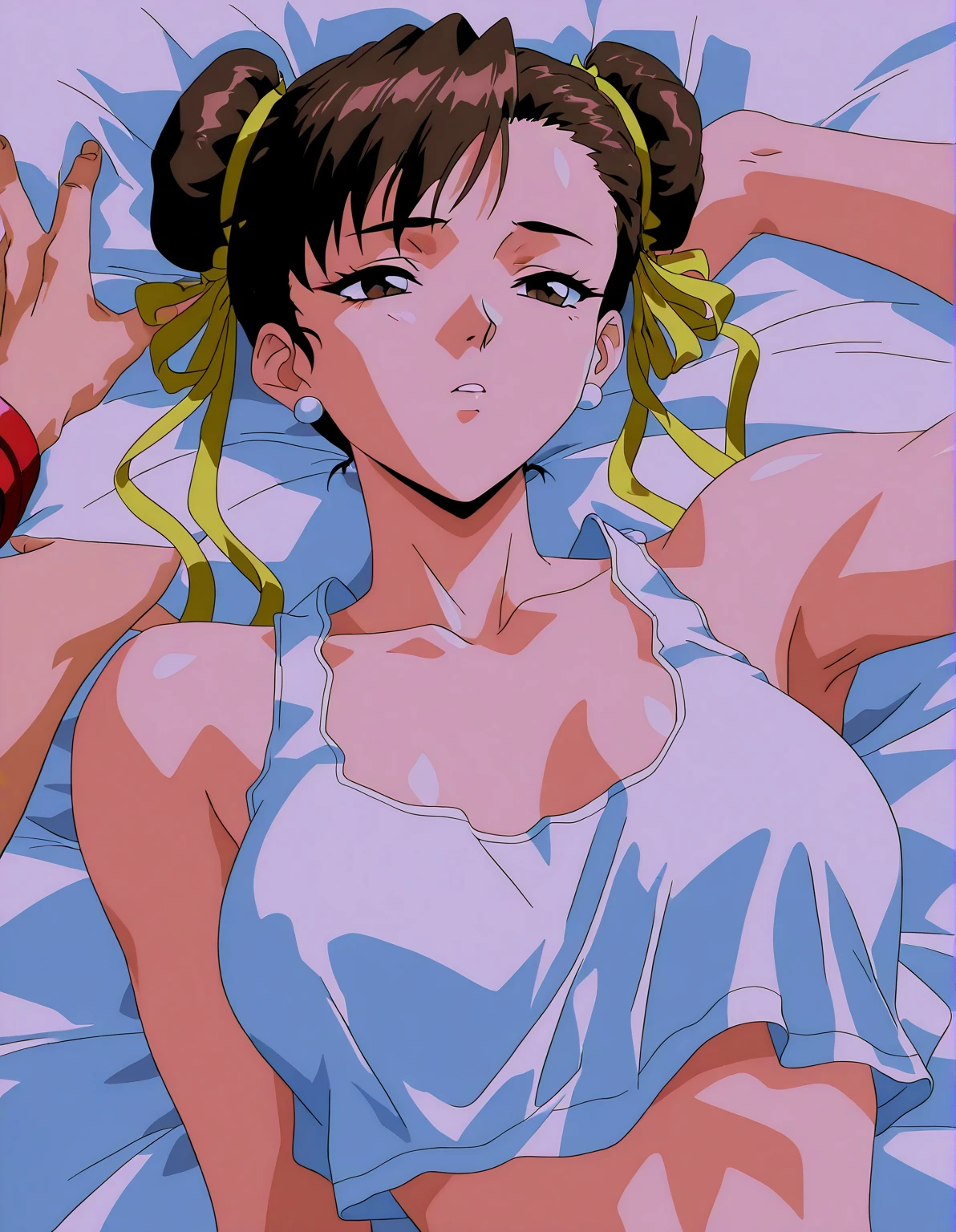 ((best quality)), ((masterpiece)), (detailed), dark tanned skin anime woman in a deep V-neck tied top, (bare shoulders), (bare arms), (jeans), (long hair), starving, (resting hands on the stomach), (hands on the stomach), (slim body), laying down in bed