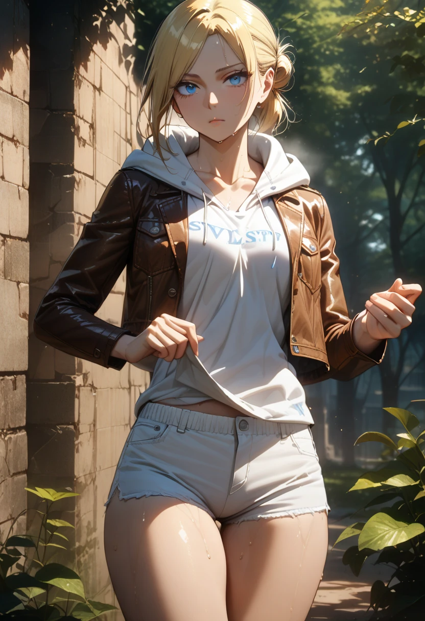 (masterpiece:1.5),(best quality:1.5),(high resolution:1.5),(8k:1.5),(perfect face:1.5),(beautiful detailed eyes:1.5),(Cowboy Shot:1.5) ,(extremely detailed face:1.5),(perfect lighting:1.5),(extremely detailed CG:1.5), (perfect hands:1.5),(perfect anatomy:1.5),,(perfect body:1.5),(perfect hands:1.5),(perfect fingers:1.5),(full body:1.5),,(1woman:1.3),(megami magazine:1.23),pale skin,(large breasts:1.2)(large ass:1.1),(フード付き t-shirt :1.3),(Brown Leather jacket:1.3),(White shorts:1.3) (blonde single bun hair:1.2),(blue eyes:1.2),(sexy look:1.3),(cameltoe:1.2),stand,(outside:1.3),(sweat:1.1),