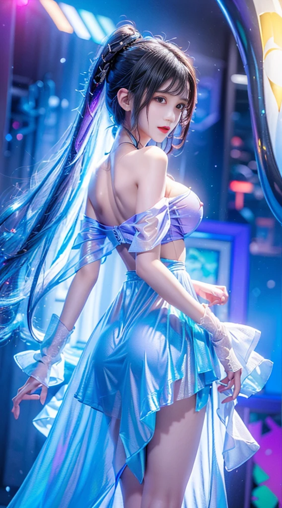(photorealistic:1.8, highest quality:1.8,8K masterpiece:1.8,High resolution,muste piece:1.8,RAW Photos,cinematic lighting,red and purple dream colors),one goddess、(body stockings、choker、loafer shoes), (beautiful and detailed blue eyes:1.7,double eyelid:1.6,Beautiful skin with glowing details:1.2),(whole body,Seen from behind:1.5), ( midium Hair:1.2,Beautiful shining blue-white hair:1.5), expression(Sly Smile:1.3,face turns red:1.3),(Moderate chest:1.3), Pause(challenge by pointing your butt,Seductive pose:1.5), buttocks emphasis,background(Bright forest with blooming flowers),Nipples are visible through the costume、anatomically correct,correct move:1.5,correct foot:1.5,4 fingers and 1 thumb in correct proportions,(cameltoe),No split screen,slender abs:1.2,(Young sensual gravure idol)