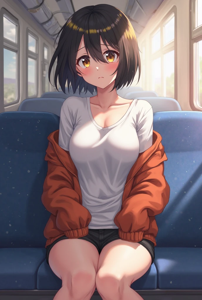 (), big star piece), highest quality, very detailed, (watercolor), bloom, delicate and beautiful, shape, (from below),(1 girl:1.4), (alone:1.2), big breasts, (ribbed sweater:1.3), off shoulder sweater, bare shoulders, ((black skin:0.8)), hair like beautiful eyes ), photograph, over the shoulder shot, Written by Alex Malev, Professional, canon camera, nikon camera, sharp, Bokeh, studio quality, fisheye lens, Written by Robert Capa ,belly button,(((Lower body naked))),(((pussy))),in the train,crowd,(((M-shaped spread legs)))