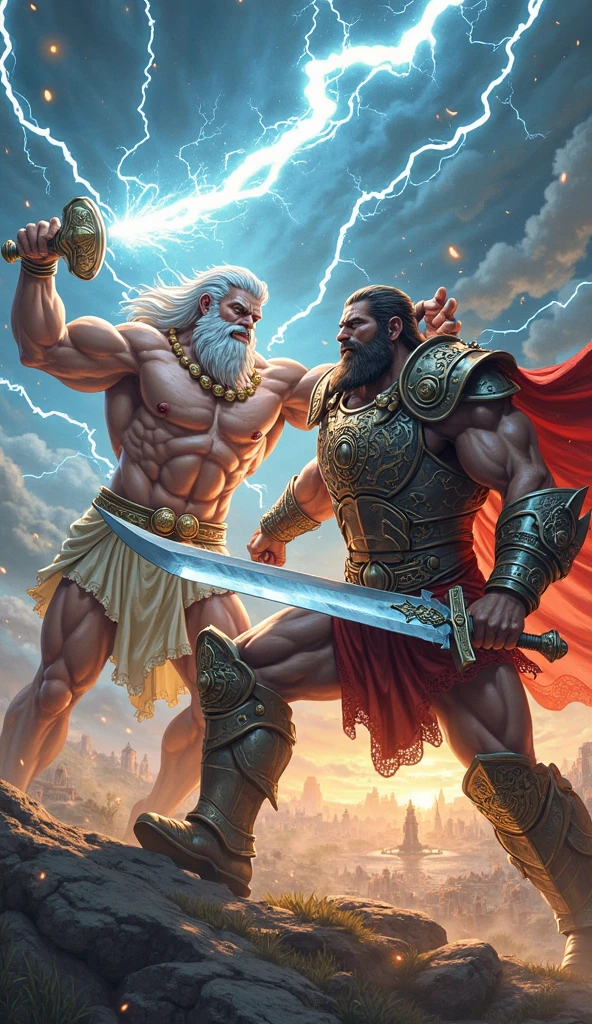 Zeus from Dota 2 fighting the Barbarian King from Clash of Clans in an epic battle