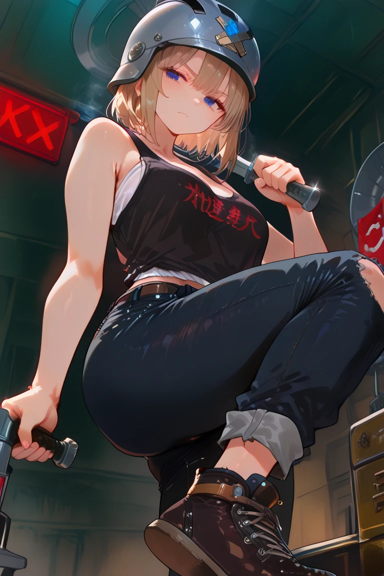 、(masterpiece、Highest quality)、Highest quality, Ultra-high resolution, (((masterpiece))), alone, Sweat、Big eyes,Please raise your arms and show your armpits, No sleeve、indoor、one piece、Composition from the front、(Cut the back hair short、short hair、blonde、woman)、Shortcuts、Embarrassed face、Cut your hair short、可愛いwomanの子、Big Breasts