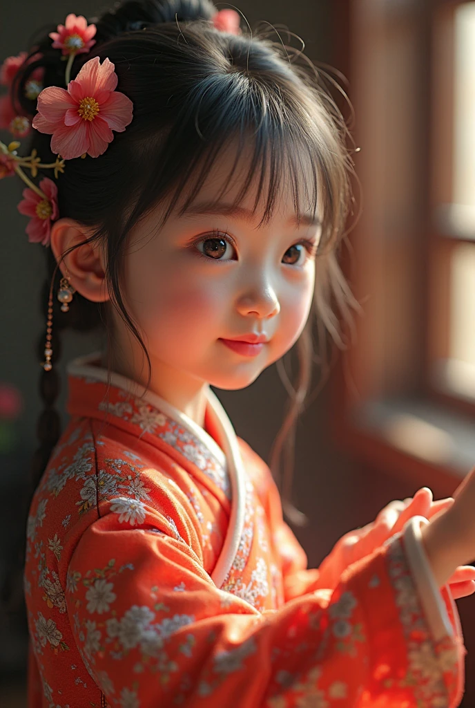 heavy snowing,close up,a 3 yo Chinese cute babygirl is Picking plum blossoms, Hanfu,Right lapel,pink and yellow,wearinga gorgeous Hanfu,a Chinese dragon,C4D rendering,meticulous designasymmetrical balance,master works, movie lightingUltra HD
