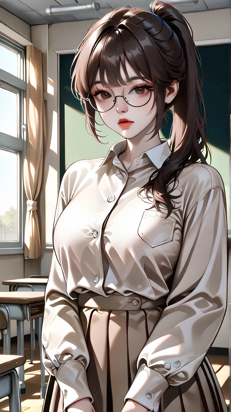 (masterpiece, best quality) 28 year old woman, tall, (medium breasts) mature body, mature face, brown eyes, big round glasses, (messy hair), light brown hair, voluminous hair, hair 17 centimeters long, Bangs messy side, short medium hair, (wavy hair), curls at the end of the hair, white dress shirt open at the top, loose beige dress pants over the dress shirt, shirt suspenders, looking to the right side, (sitting), bookstore background, blurred background, wooden table, no left on left cheek of face, glare on glasses lens, glowing eyes, high detail, 16k, sharp focus, dramatic lighting, drop shadow, anime style, glows, anatomically correct, focus on face