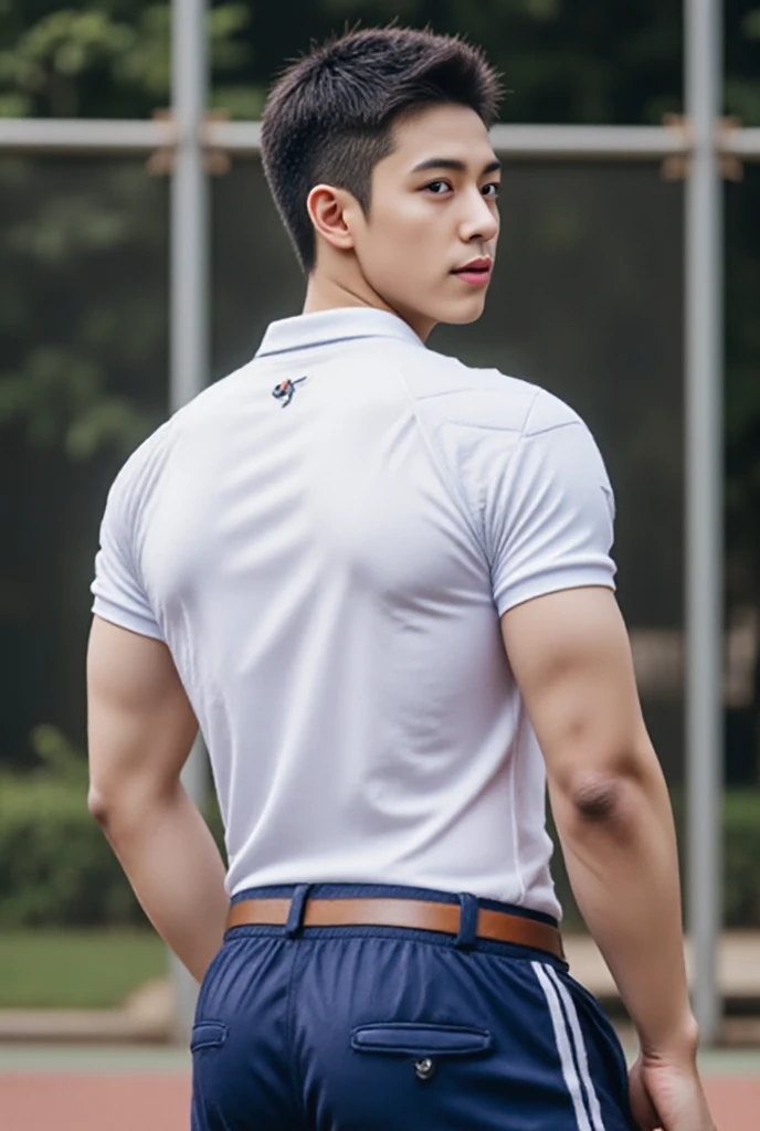 young korean man , 1 boy, white skin , Fine skin, 1 boy, ((realistic)), abdomen, good light quality, muscle veins, ((Pale skin)), football player, (Masterpiece, Special quality, high resolution, 8K, complicated:1.2), (detailed face:1.2), handsome, , Embossed, 1 boy,alone, look at viewer, Balancing the eyes, , (Make eye contact), , black polo shirt, With super tight navy blue jeans., big Embossed (In the countryside:1.5), (field:1.3)