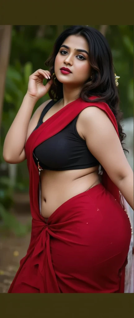a woman, in red blouse, black see through saree, perfect figure, (cleavage:0.5) (woman:1) solo, milf, deep navel