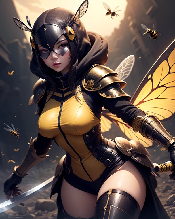sfw, cartoon, aerith gainsborough reimagined as a horny girl in honeybee costume frome final fantasy 7, full body, (masterpiece, best quality), beautiful face, (22yr old, beautiful girl, solo:1.1),brown_hair ,long_hair, pixiv, evil smile, sadistic, erotic lips, seductive eyes, drooping eyes, provocative expression, smirks, squint, enraptured, fascinated, scornful laughter, aroused, lovely, naughty face, half closed eyes, fearless smile, crazy smile,toned female, glamorous perfect female proportion, wide hips, extremely shiny, reflecting light, awesome metallic surface texture, cute, akiba, anime face, moe, yellow and black striped hair, wasp ornament, Yellow and black striped boots, wasp transparent wings, bee Transparent wings, wasp antennae, wasp printed, Honeycomb printed, poison needle, yellow and black striped fur, spike choker, earrings, best quality, amazing quality, very aesthetic,