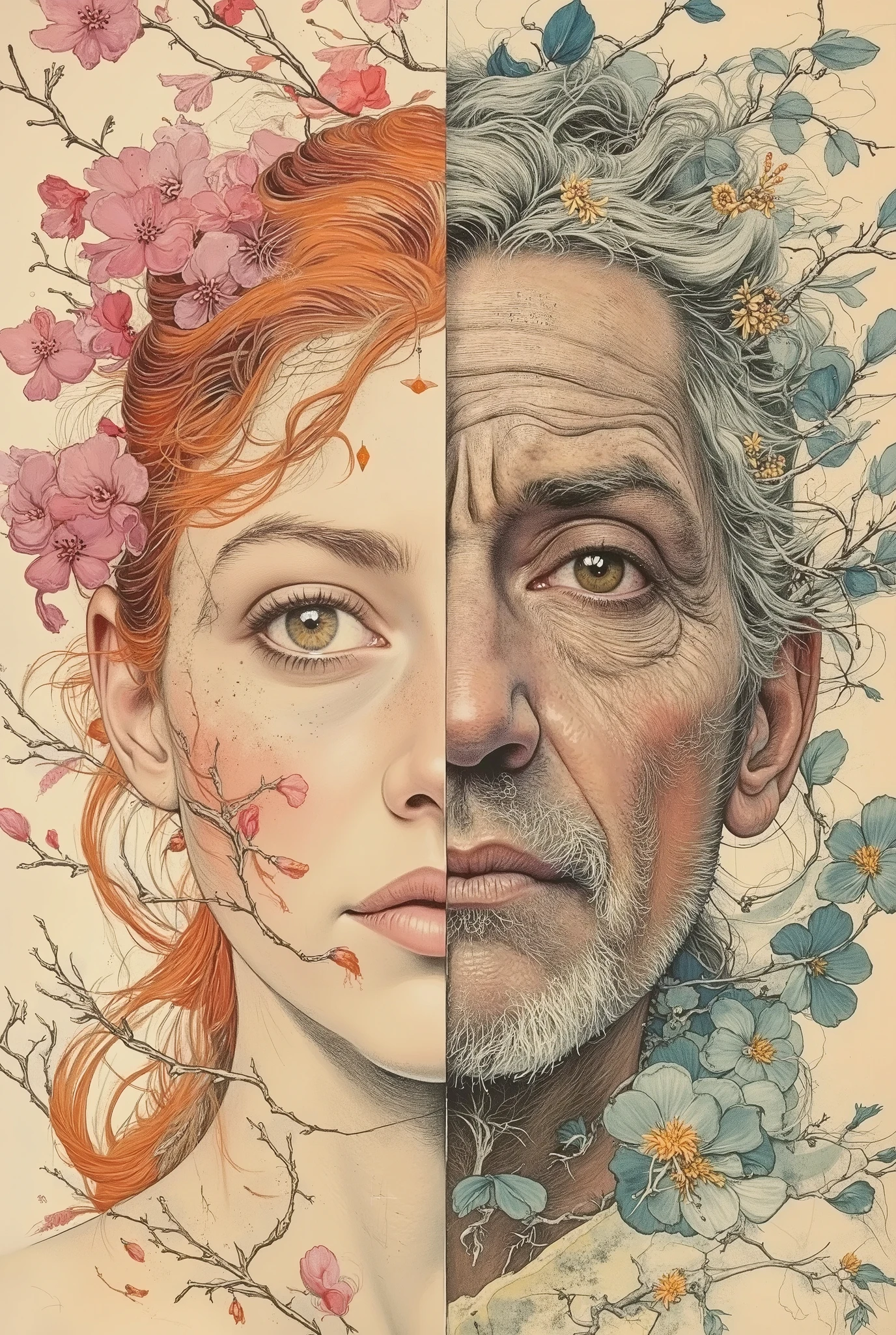 A surreal portrait where the face is both young and ancient: one half is a young, delicate girl, radiant with the skin of youth, with bright eyes and vibrant colors, the other is an old woman, withered, covered with deep wrinkles, like ancient parchment, with a wise but tired look. The hair on the young side turns into flowering branches, and on the old side into dusty scrolls or ashen threads. A hint of metamorphosis: The skin at the age boundary is covered with symbols, either letters or a star map. The background is a psychedelic whirlpool, where time flows non—linearly: hood memories flash in some areas (carousels, kites), in others — symbols of withering (hourglasses, ruins).Color contrast: Bright neon shades (pink, turquoise) versus dull, faded ones (sepia, gray).Style: hyperdetalized surrealism with the influence of psychedelic art (like the work of Android Jones or Zdzislaw Beksinski in color), with elements of glitchy effects and optical illusions. The emphasis on emotions is to make the viewer feel nostalgia, anxiety, and the magic of eternal rebirth. Finely detailed digital art.