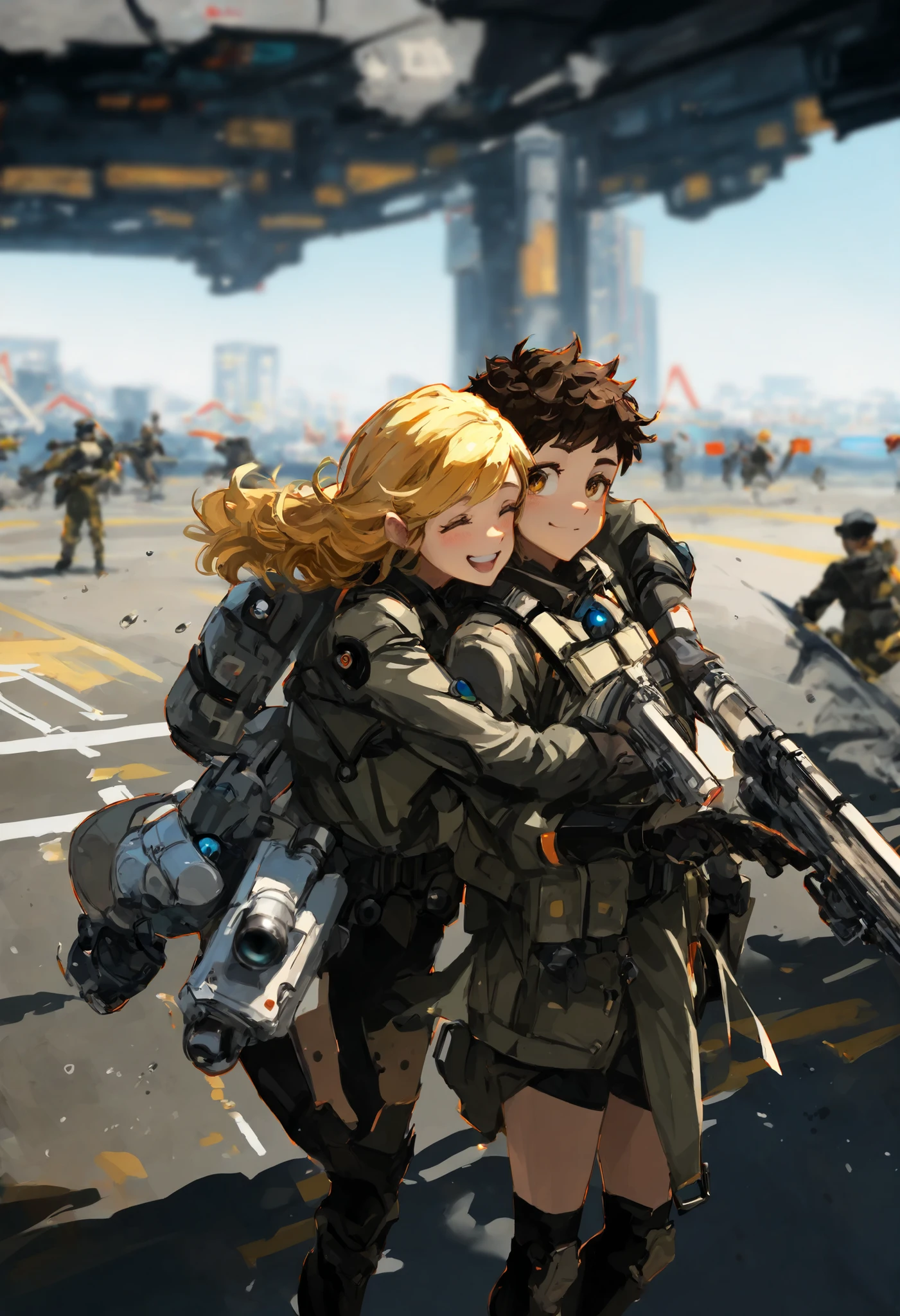 depth of field, high definition image, a lot of details,capa negra,military airport ,Many soldiers around the movement,futuristic helicopter peeking out of the heliport blades with motion detour,military base,all armed with guns and guturistic rifles vests and equipment,2 friends a boy and a girl,A tall boy with brown hair with a smile,A short young girl with blond hair,side hug ,on the back