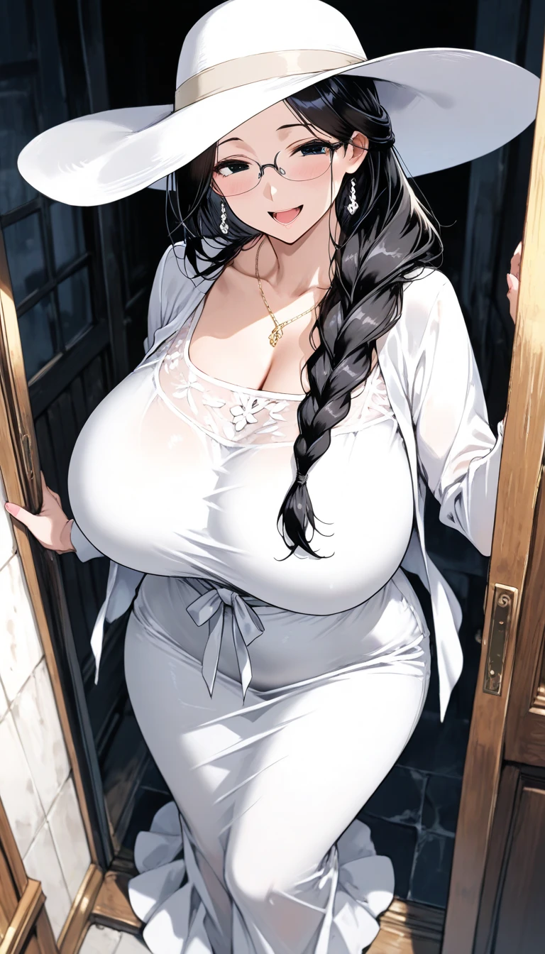 Ala Fed woman in white dress and hat with , oppai, SFW huge breasts, CoFW huge breasts, Big breasth a big breasts!!, with large breasts, otions, Chest covered、SFW, ie boob, cleavage, full art, Big breasts, full-body closeshot, us body, curvy body,art, Naughty anime style, plus size model, Scruffy body,Erotic cartoon style body, Married woman's big ass,Eros of a married woman, M woman style, Married woman atmosphere, Pose wibig buttocks sticking out on all fours