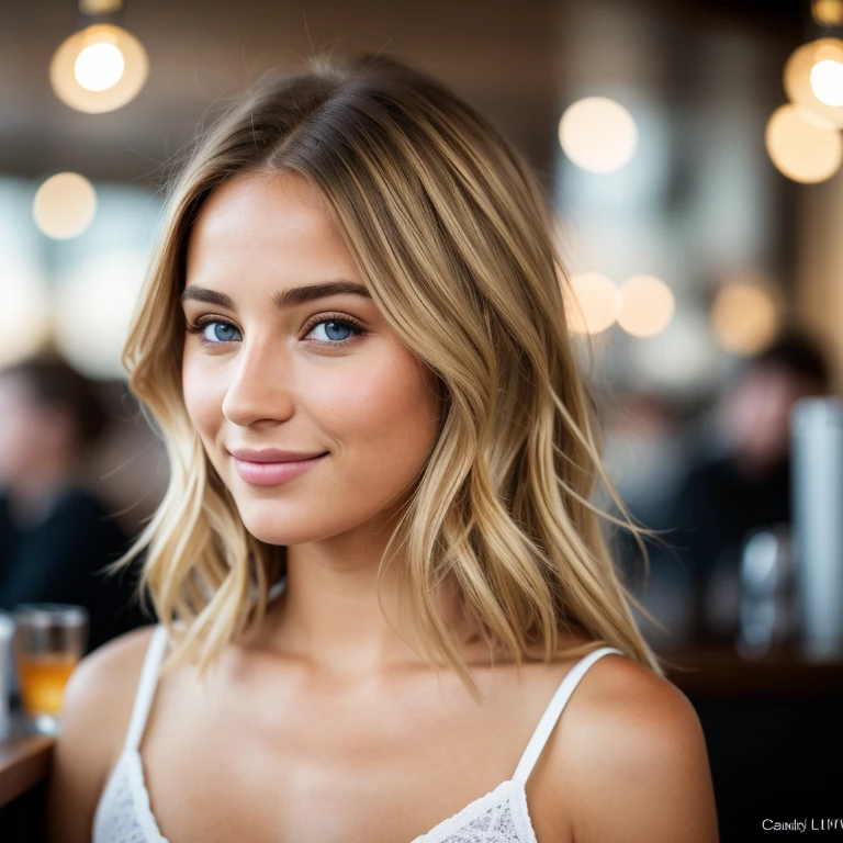 A 23-year-old blonde woman, ((pechos grandes)), ((hiperrealismo)) ,. Caffe, blonde hair with light brown roots. cabello rubio, Hair with brown roots, cabello extra largo, cabello muy largo, really long hair, Beautiful, Front view, photo taken with HD camera, elegant pink blouse, sitting At a table at a cafe, coffee cup, cafe scene, warm wood ambience, sunny day, HD photo, high quality, HD, huge breasts, shy smile, ultraHD